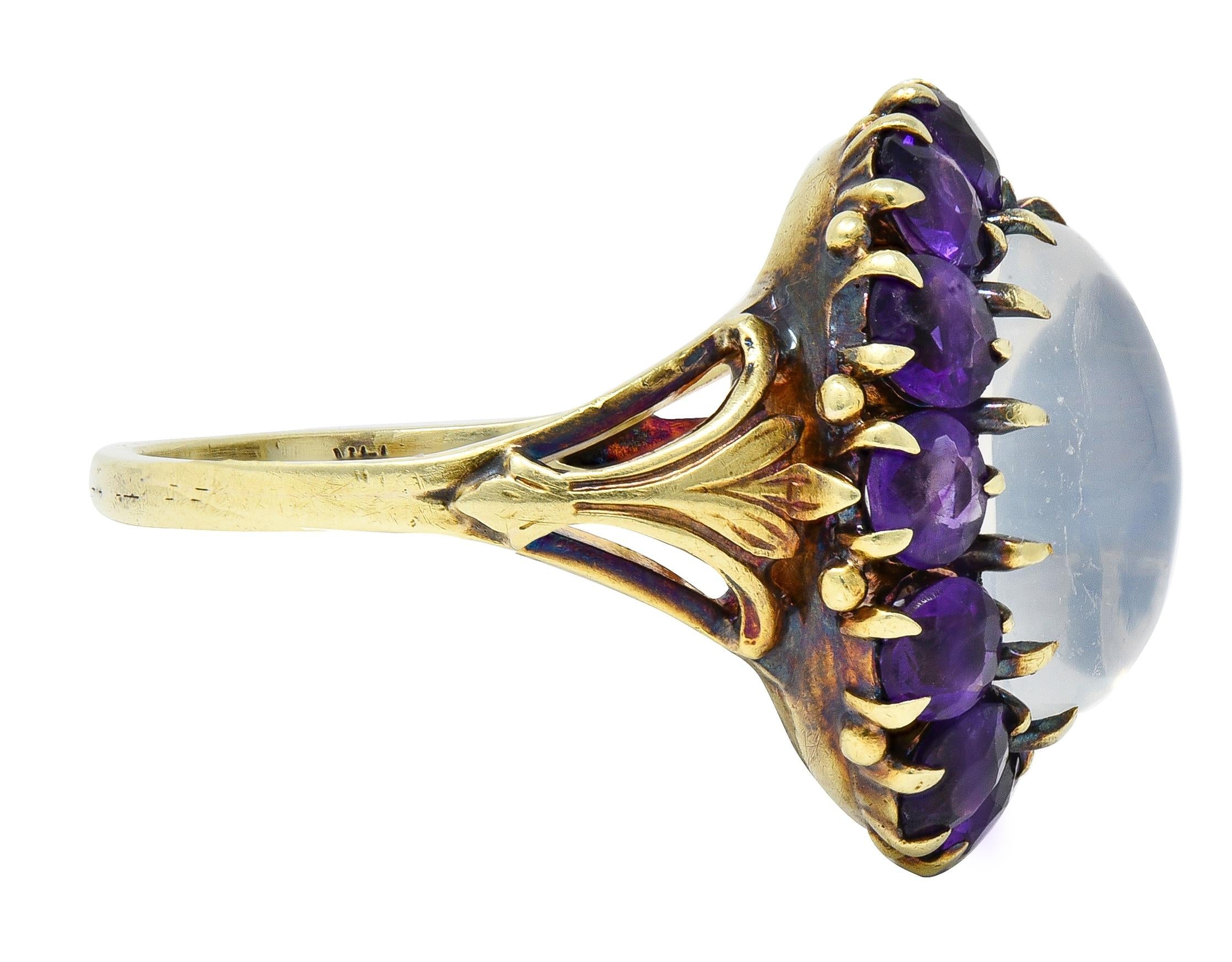 Victorian Moonstone Amethyst 14 Karat Yellow Gold Antique Fleur-De-Lis Halo Ring