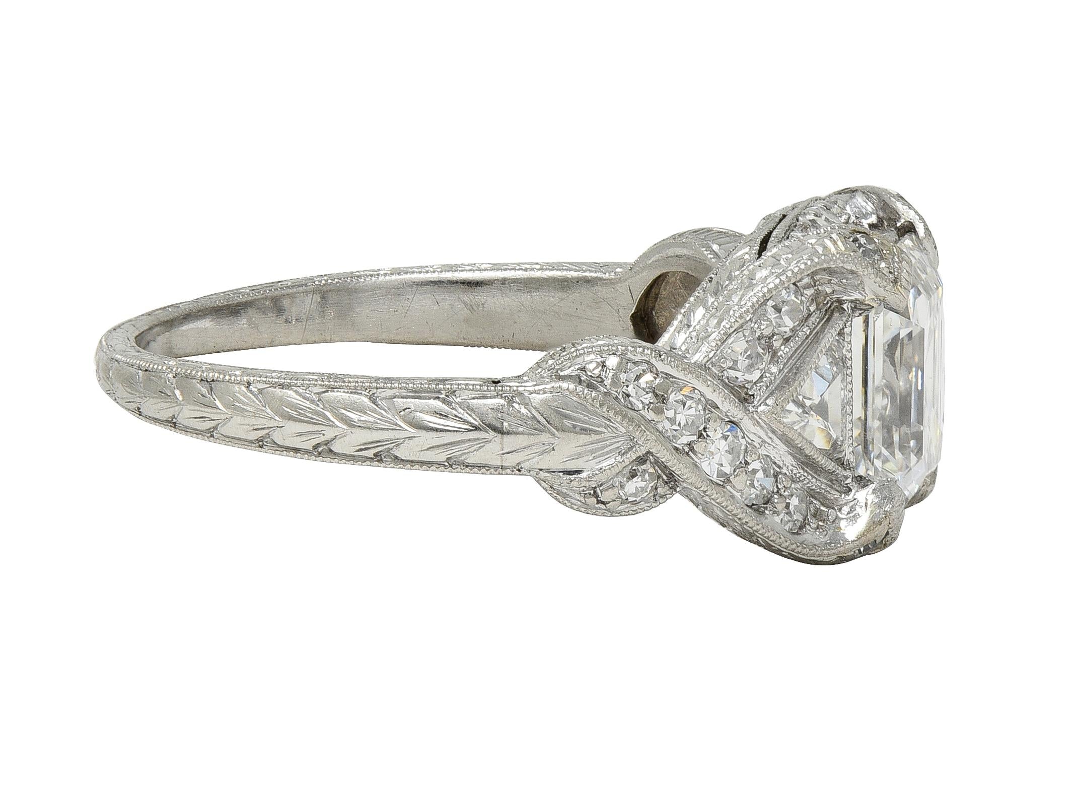 Art Deco 2.20 CTW Asscher Cut Diamond Platinum Vintage Wheat Engagement Ring