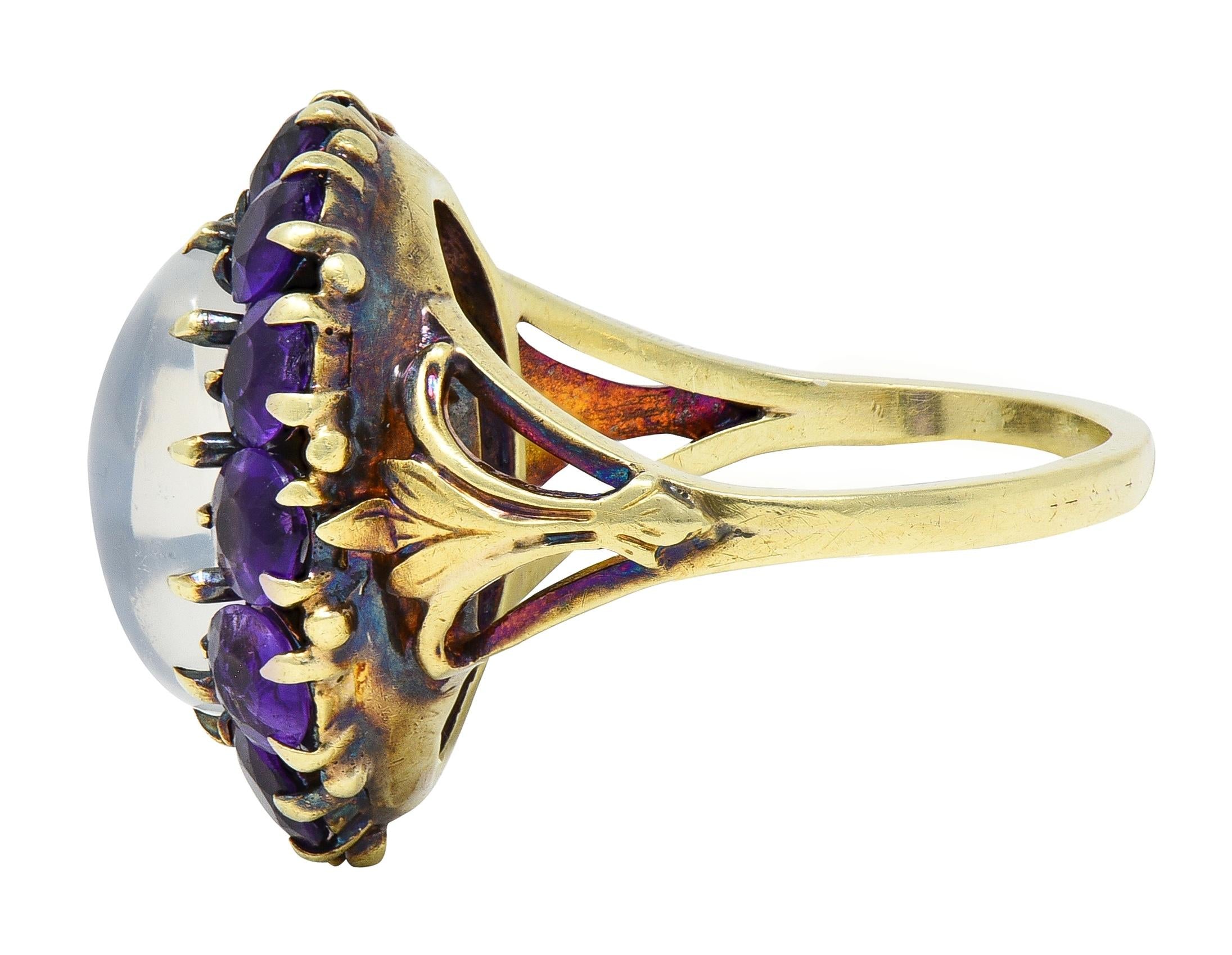 Victorian Moonstone Amethyst 14 Karat Yellow Gold Antique Fleur-De-Lis Halo Ring