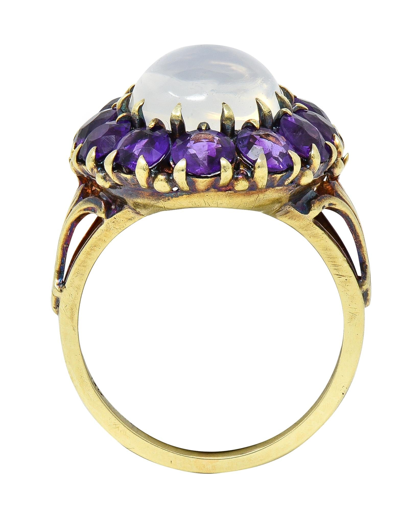 Victorian Moonstone Amethyst 14 Karat Yellow Gold Antique Fleur-De-Lis Halo Ring