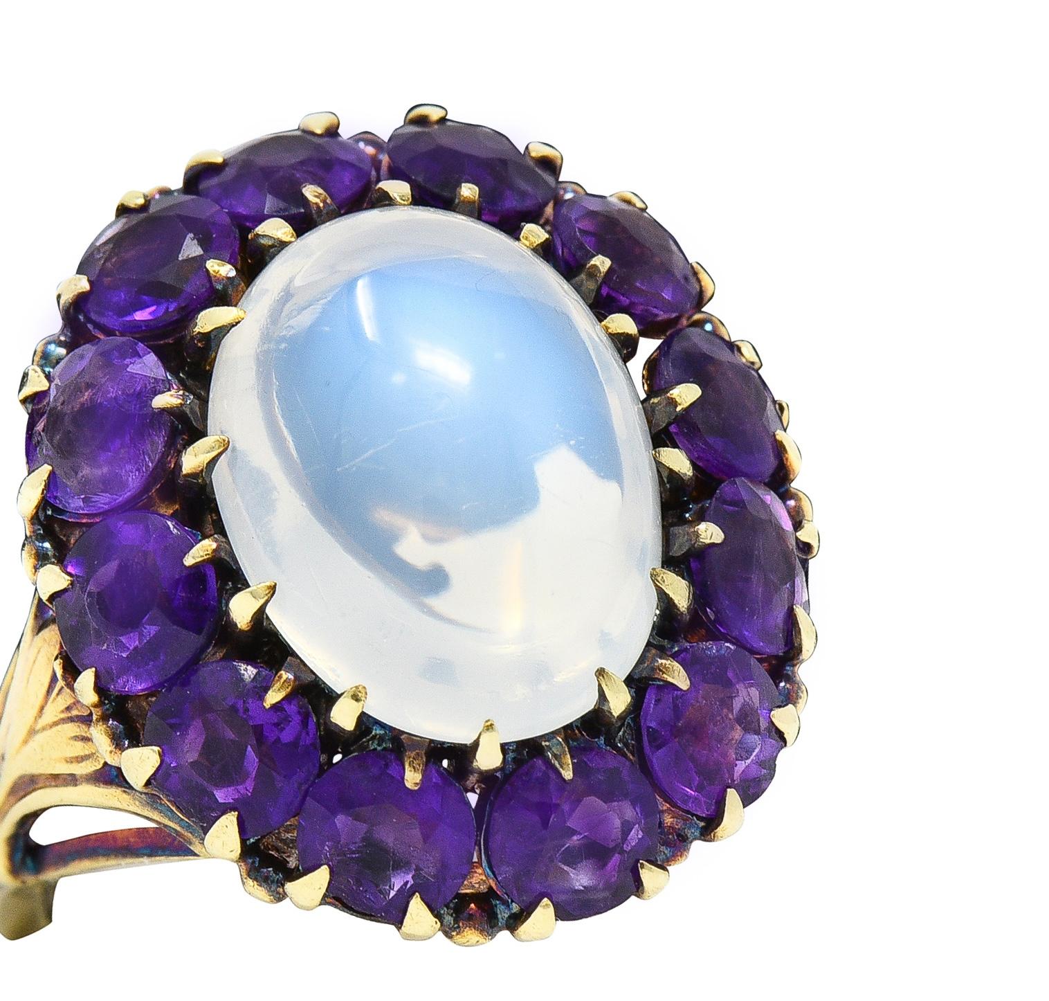 Victorian Moonstone Amethyst 14 Karat Yellow Gold Antique Fleur-De-Lis Halo Ring