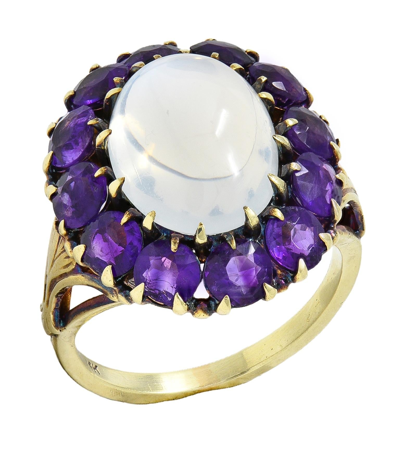 Victorian Moonstone Amethyst 14 Karat Yellow Gold Antique Fleur-De-Lis Halo Ring