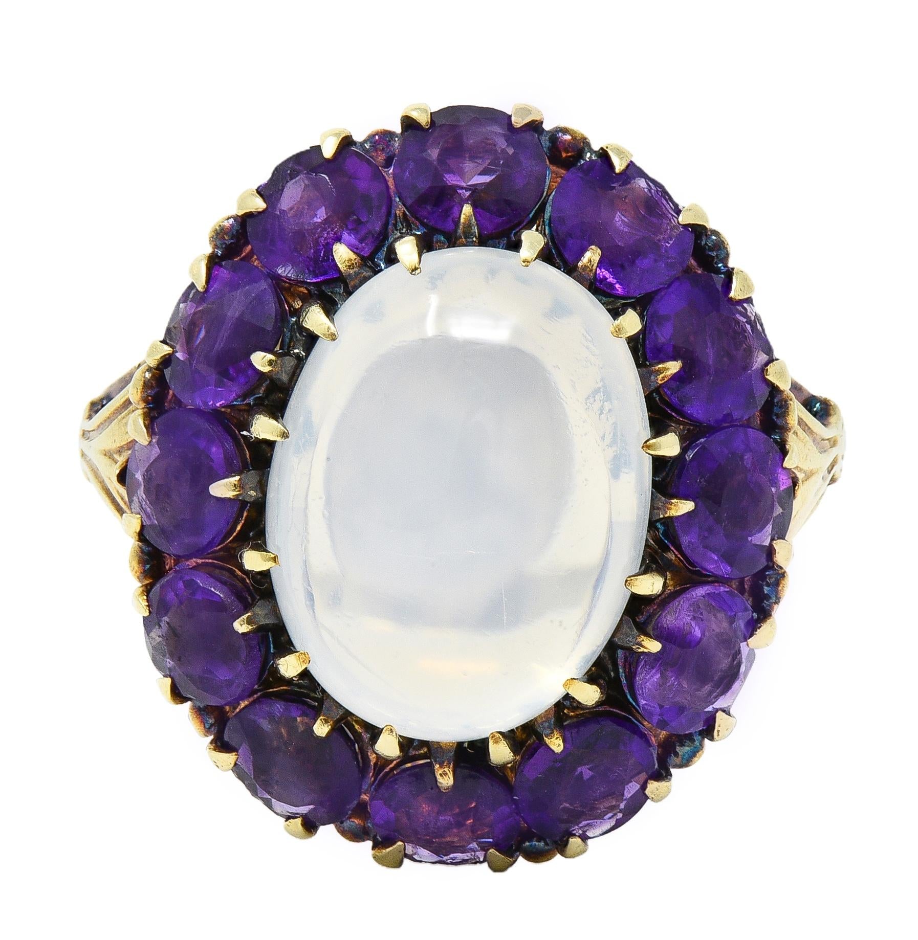 Victorian Moonstone Amethyst 14 Karat Yellow Gold Antique Fleur-De-Lis Halo Ring