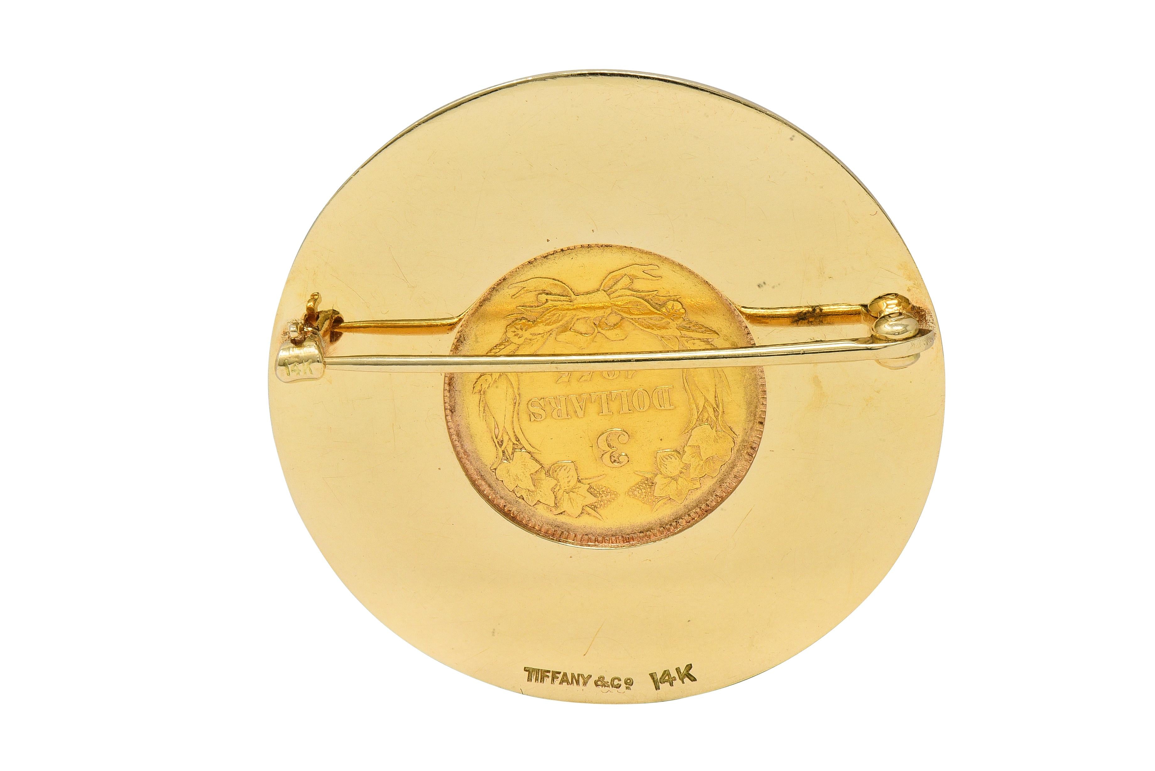 Tiffany & Co. Early 1900's 14K Gold 1855 US 3 Dollar Coin Antique Circle Brooch