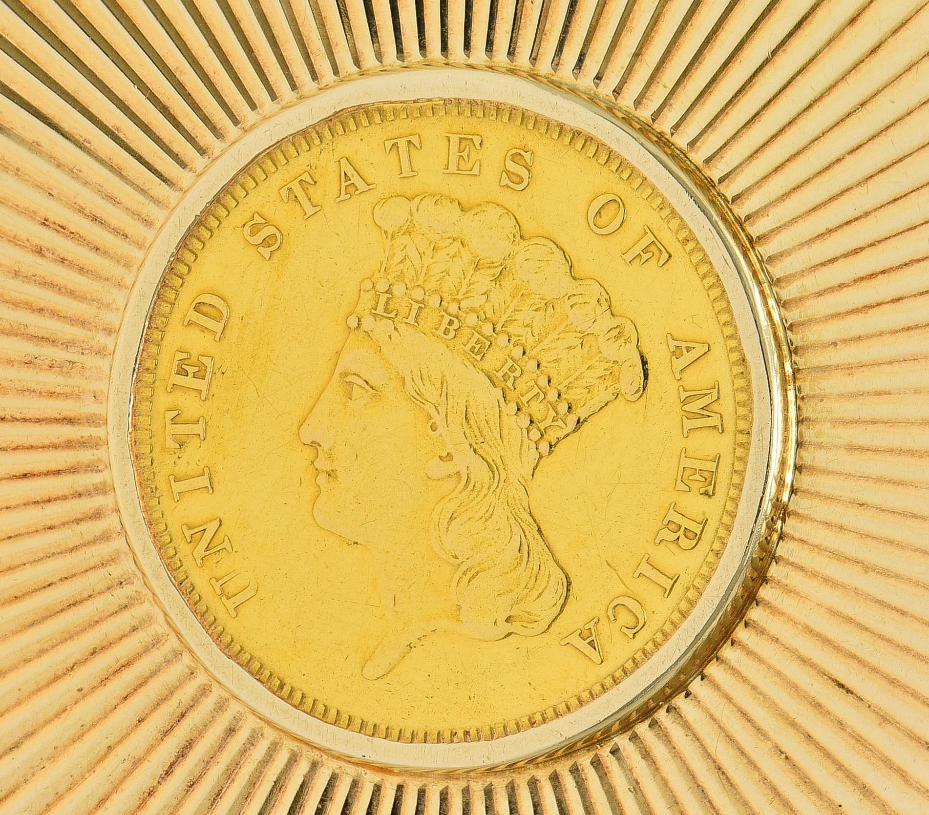 Tiffany & Co. Early 1900's 14K Gold 1855 US 3 Dollar Coin Antique Circle Brooch