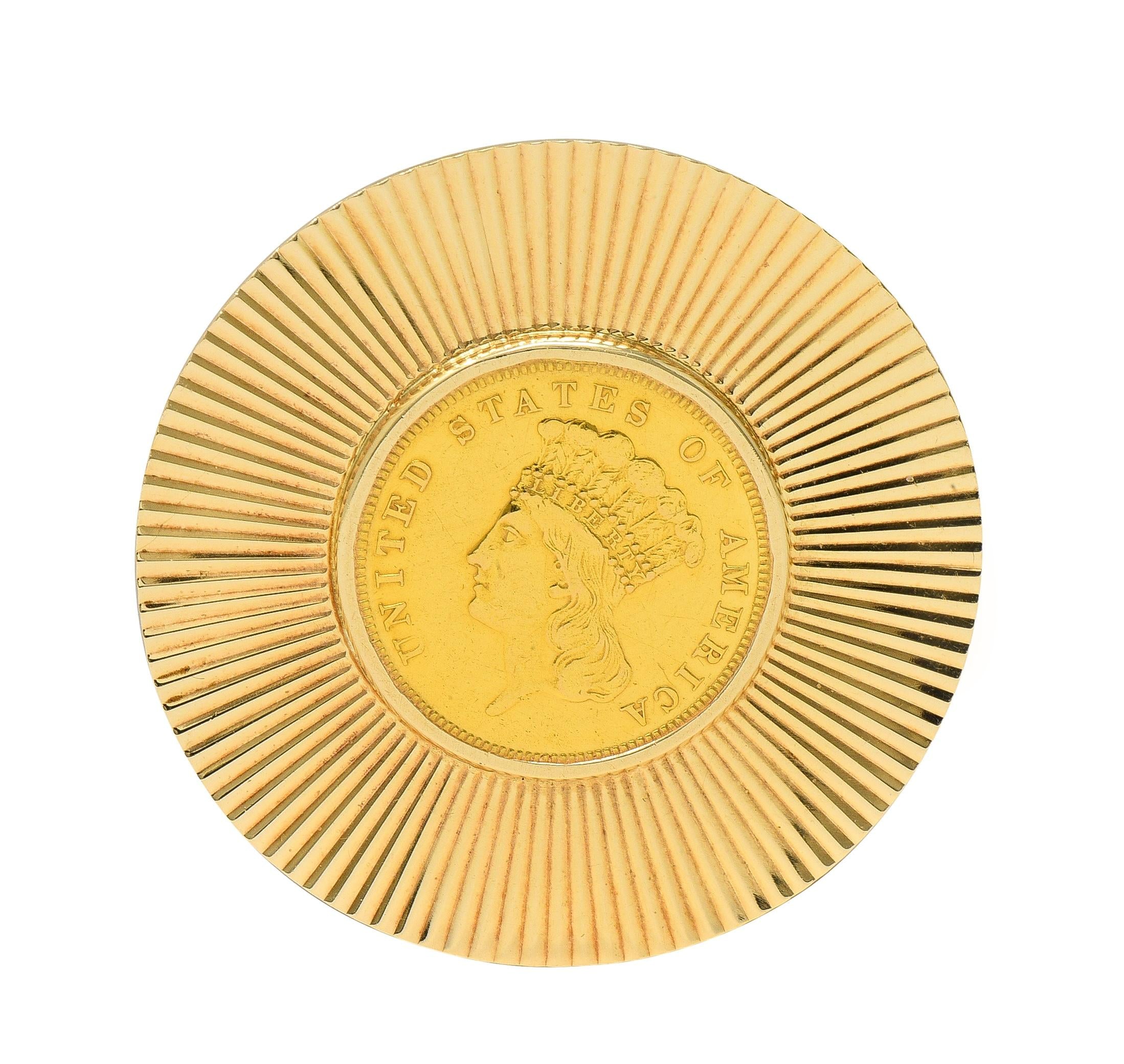 Tiffany & Co. Early 1900's 14K Gold 1855 US 3 Dollar Coin Antique Circle Brooch