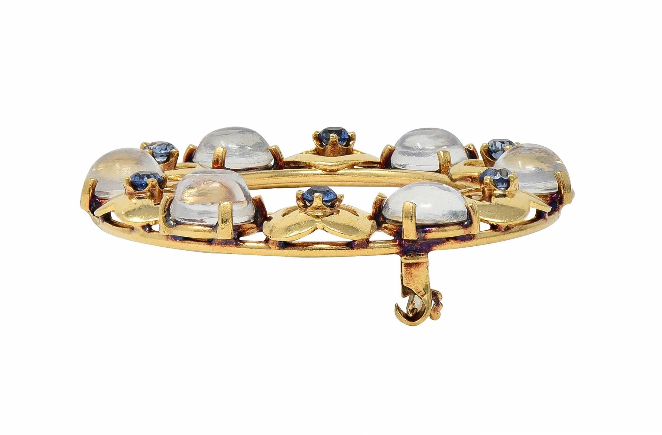 Retro Sapphire Moonstone 14 Karat Yellow Gold Vintage Heart Circle Brooch