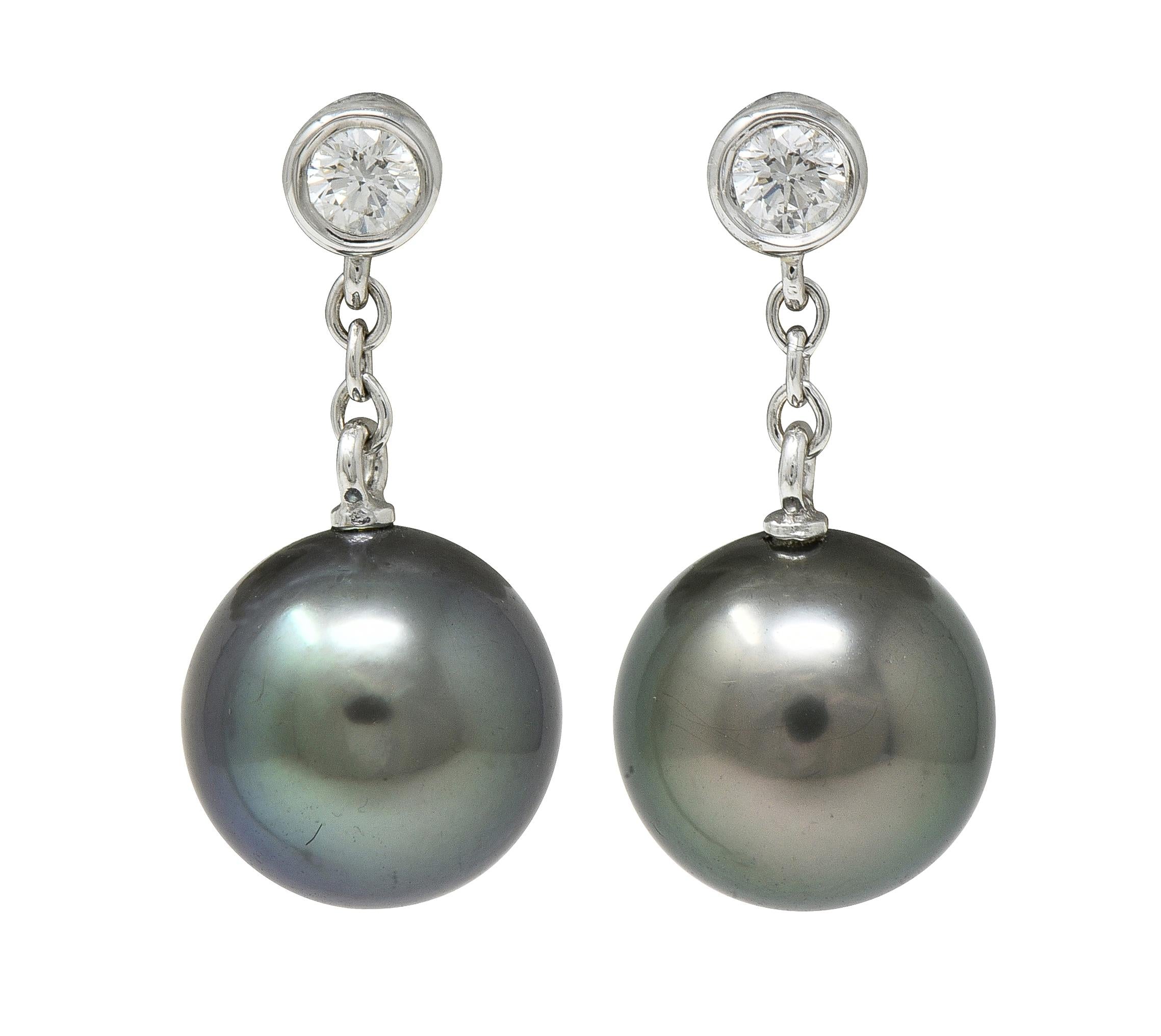 Mikimoto 2000's Diamond Black South Sea Pearl 18 Karat White Gold Drop Earrings