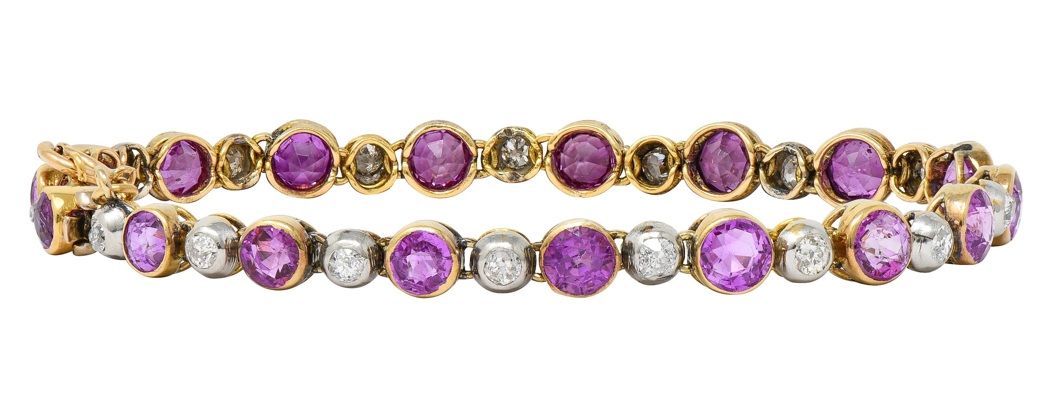 Edwardian Pink Sapphire Diamond Platinum 18K Yellow Gold Antique Line Bracelet