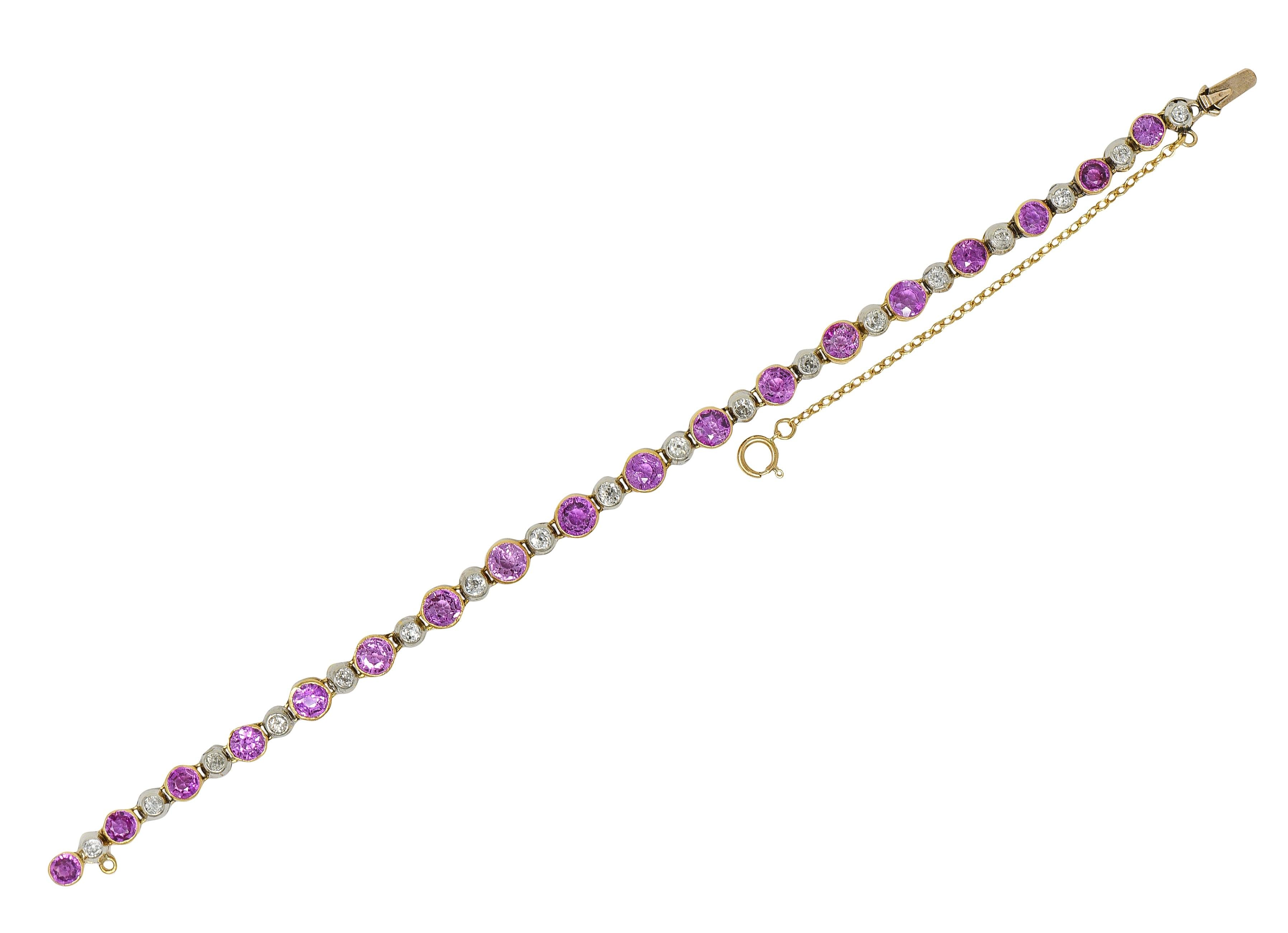 Edwardian Pink Sapphire Diamond Platinum 18K Yellow Gold Antique Line Bracelet