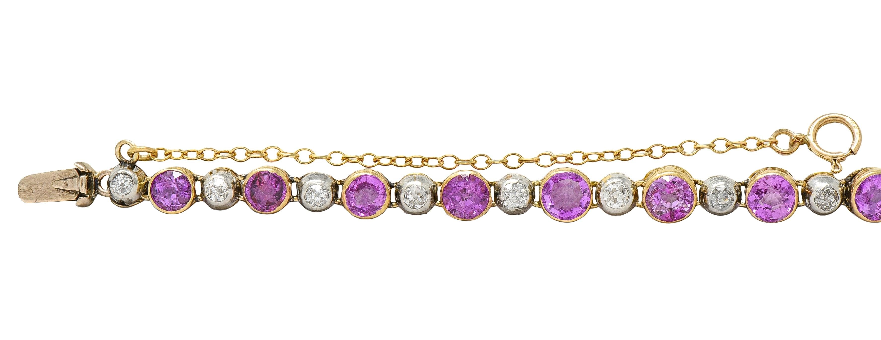Edwardian Pink Sapphire Diamond Platinum 18K Yellow Gold Antique Line Bracelet