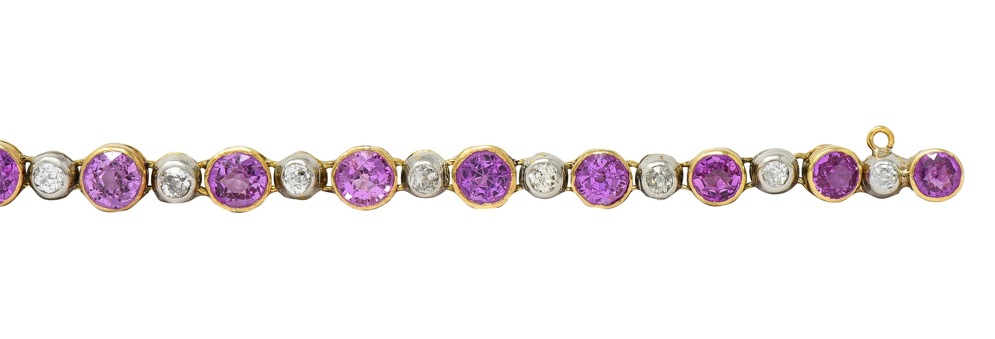 Edwardian Pink Sapphire Diamond Platinum 18K Yellow Gold Antique Line Bracelet