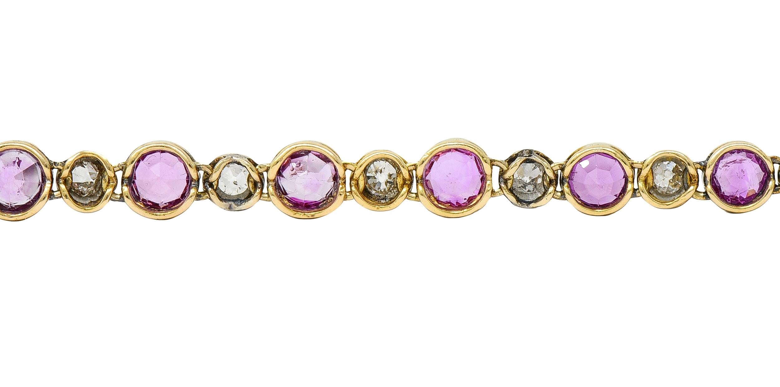 Edwardian Pink Sapphire Diamond Platinum 18K Yellow Gold Antique Line Bracelet