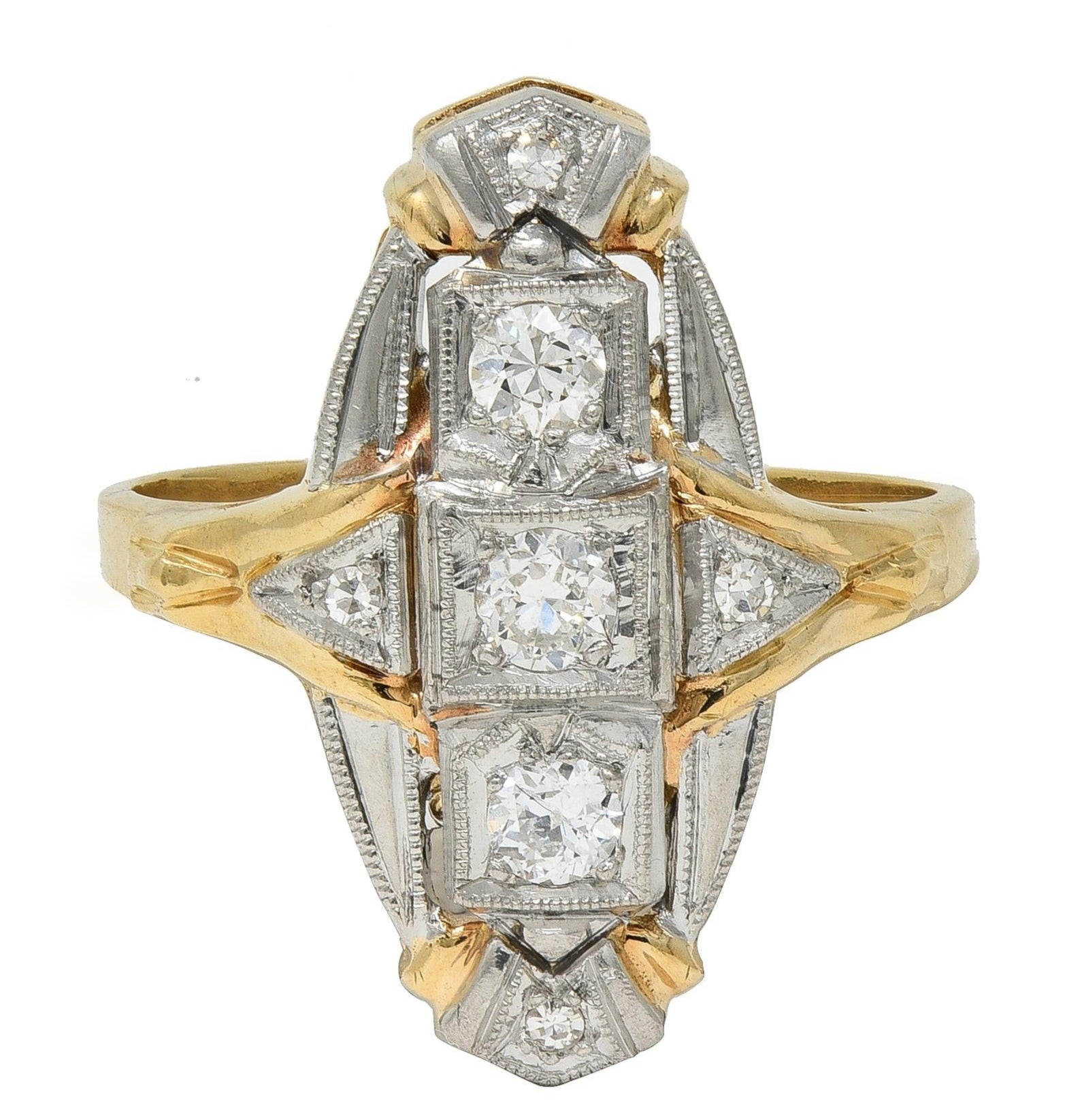 Art Deco Diamond Platinum 14 Karat Yellow Gold Vintage Navette Dinner Ring
