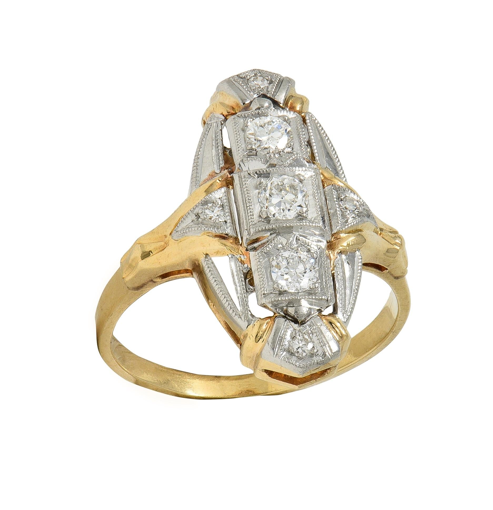 Art Deco Diamond Platinum 14 Karat Yellow Gold Vintage Navette Dinner Ring