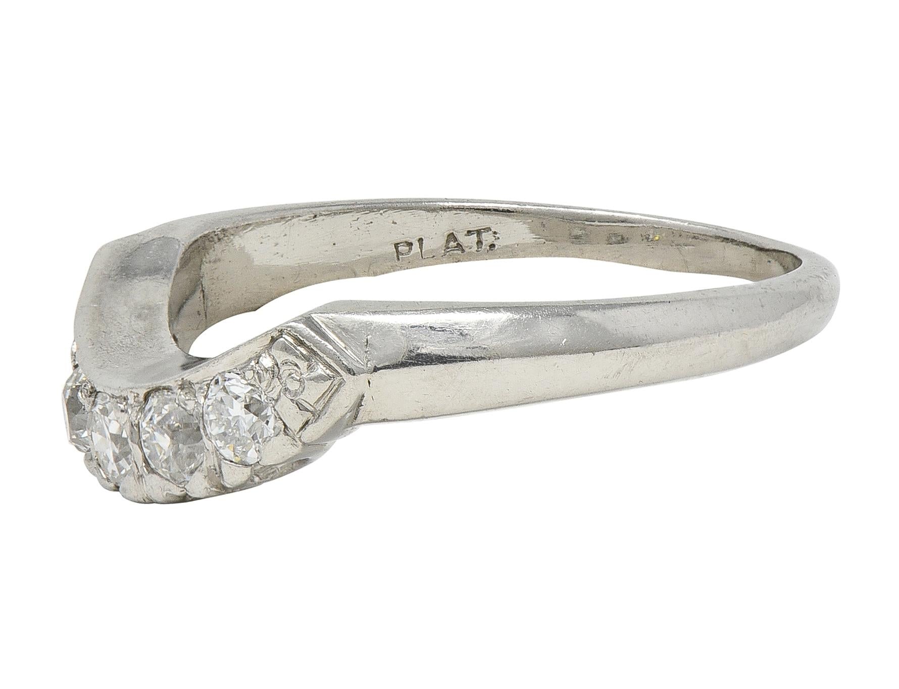 Mid-Century European Diamond Platinum Vintage Fishtail Contour Wedding Band Ring