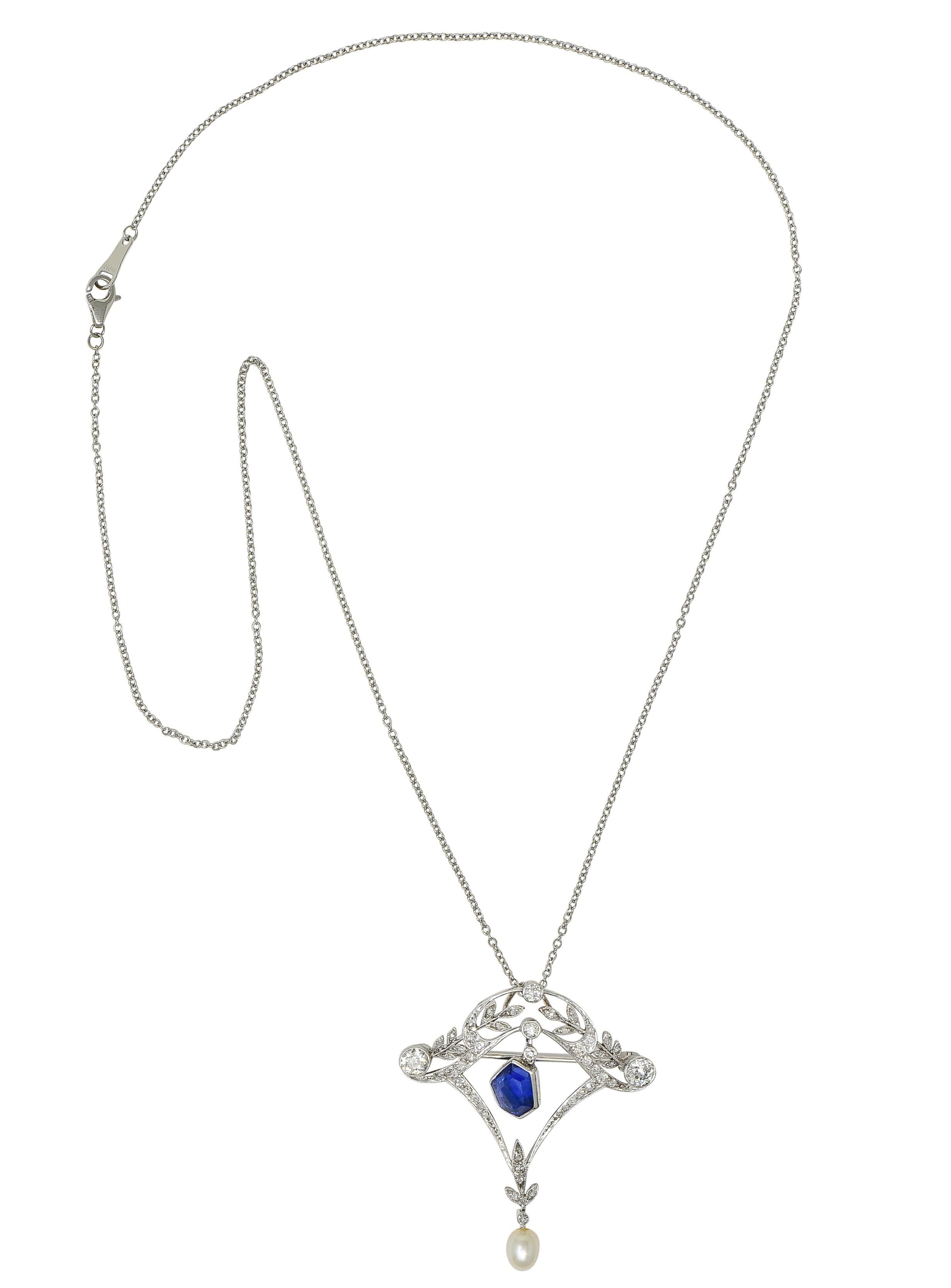 Edwardian 4.98 CTW No Heat Sapphire Diamond Platinum Antique Pendant Necklace