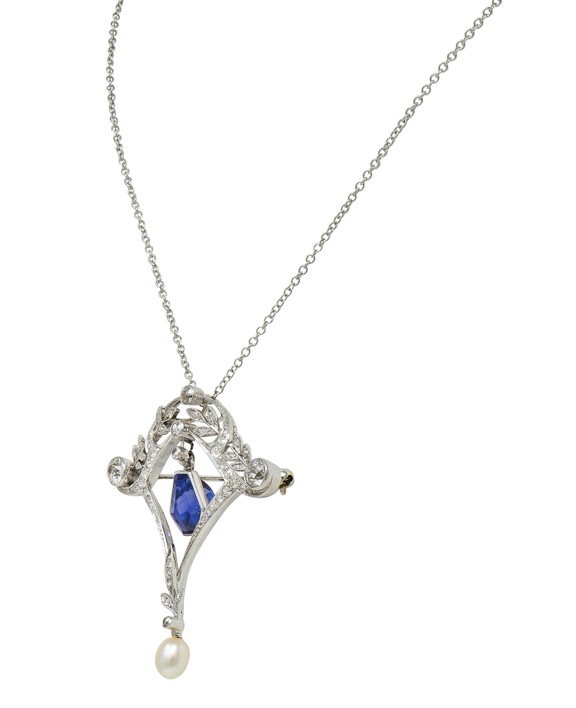 Edwardian 4.98 CTW No Heat Sapphire Diamond Platinum Antique Pendant Necklace