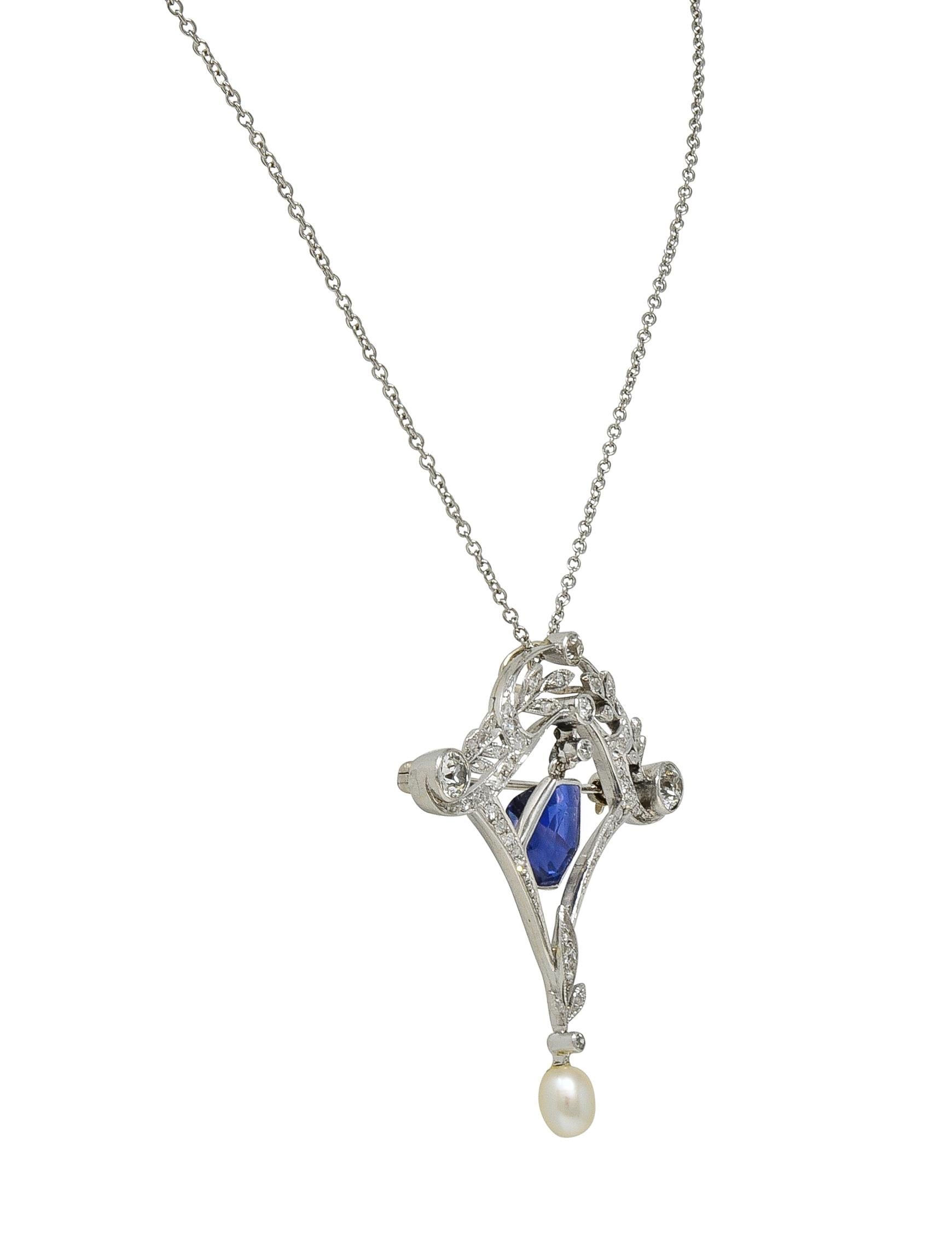Edwardian 4.98 CTW No Heat Sapphire Diamond Platinum Antique Pendant Necklace