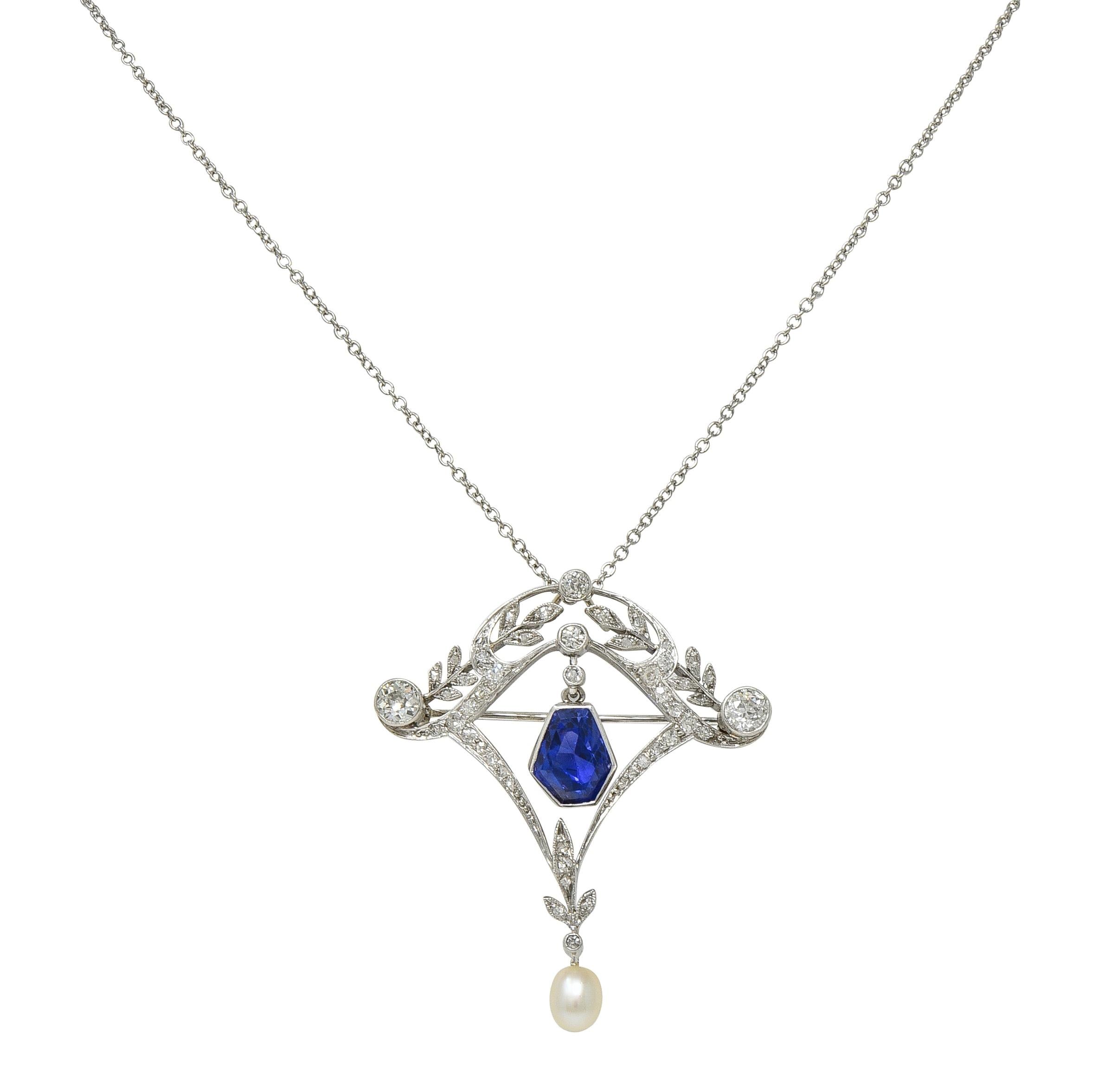 Edwardian 4.98 CTW No Heat Sapphire Diamond Platinum Antique Pendant Necklace