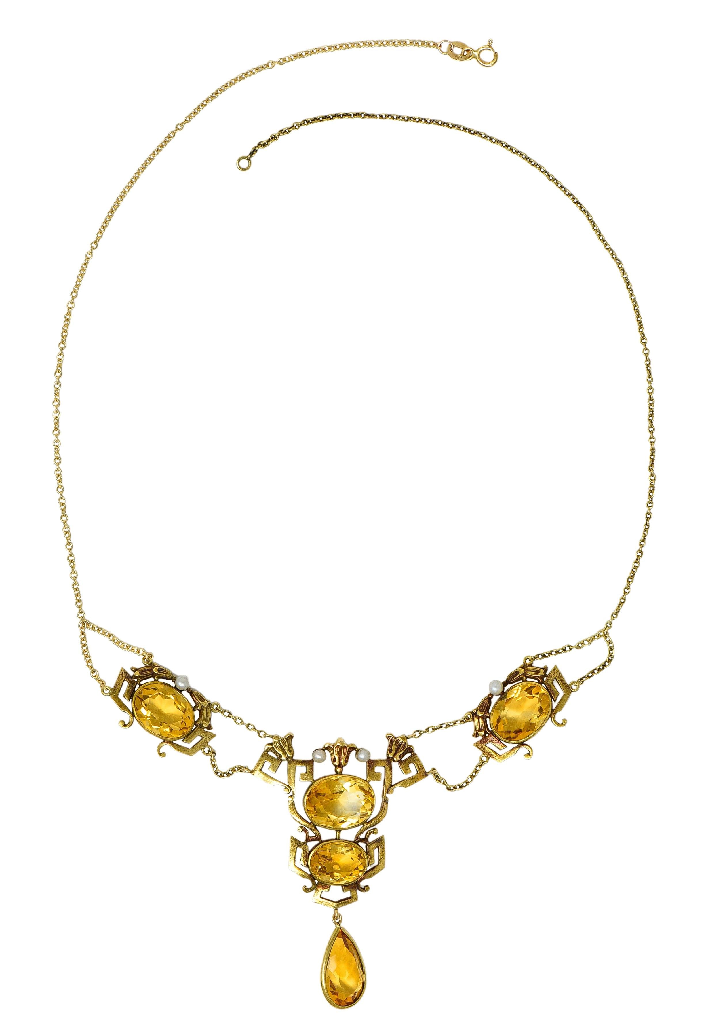 Victorian Citrine Pearl 14K Gold Vintage Greek Key Lotus Station Necklace