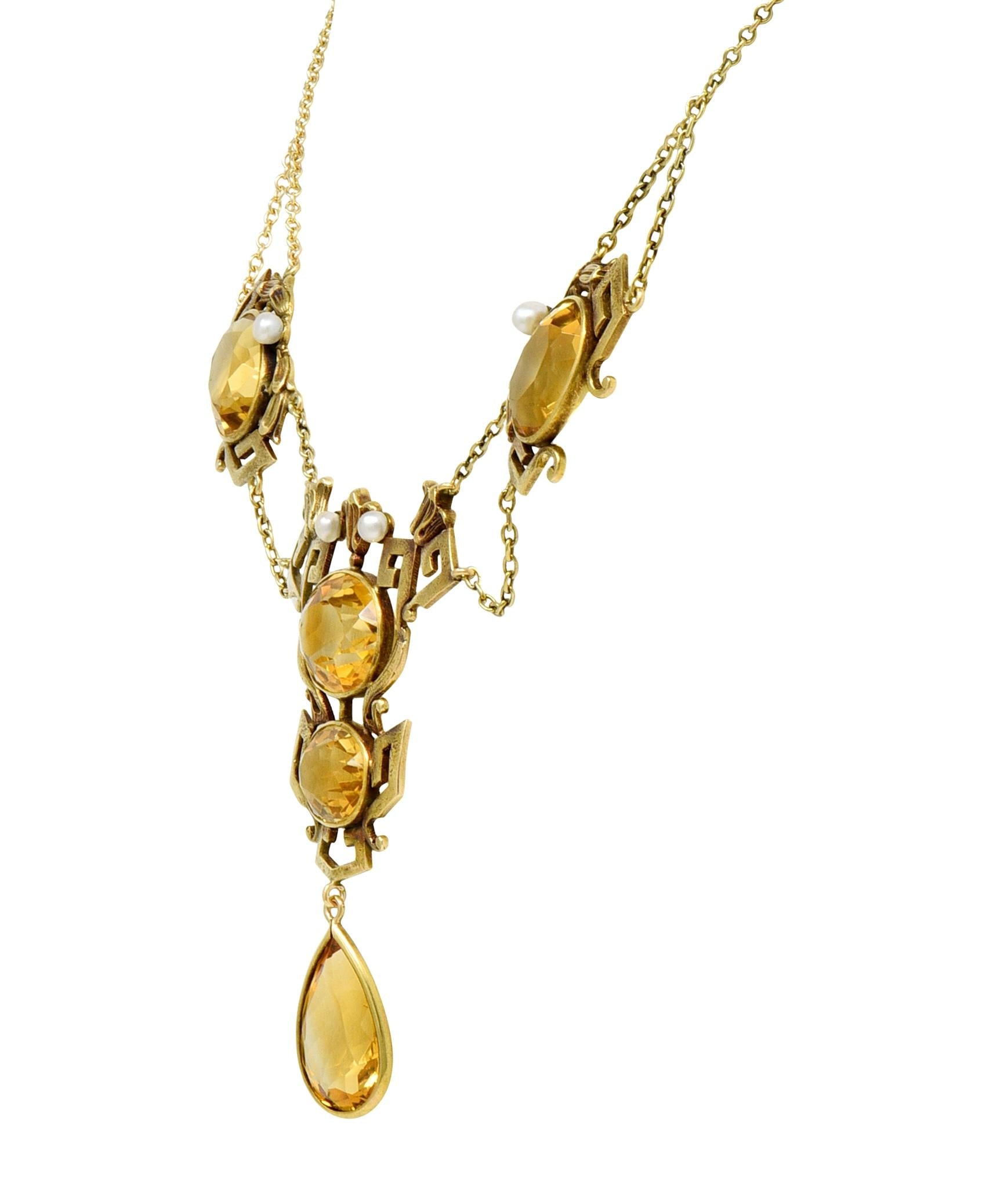 Victorian Citrine Pearl 14K Gold Vintage Greek Key Lotus Station Necklace