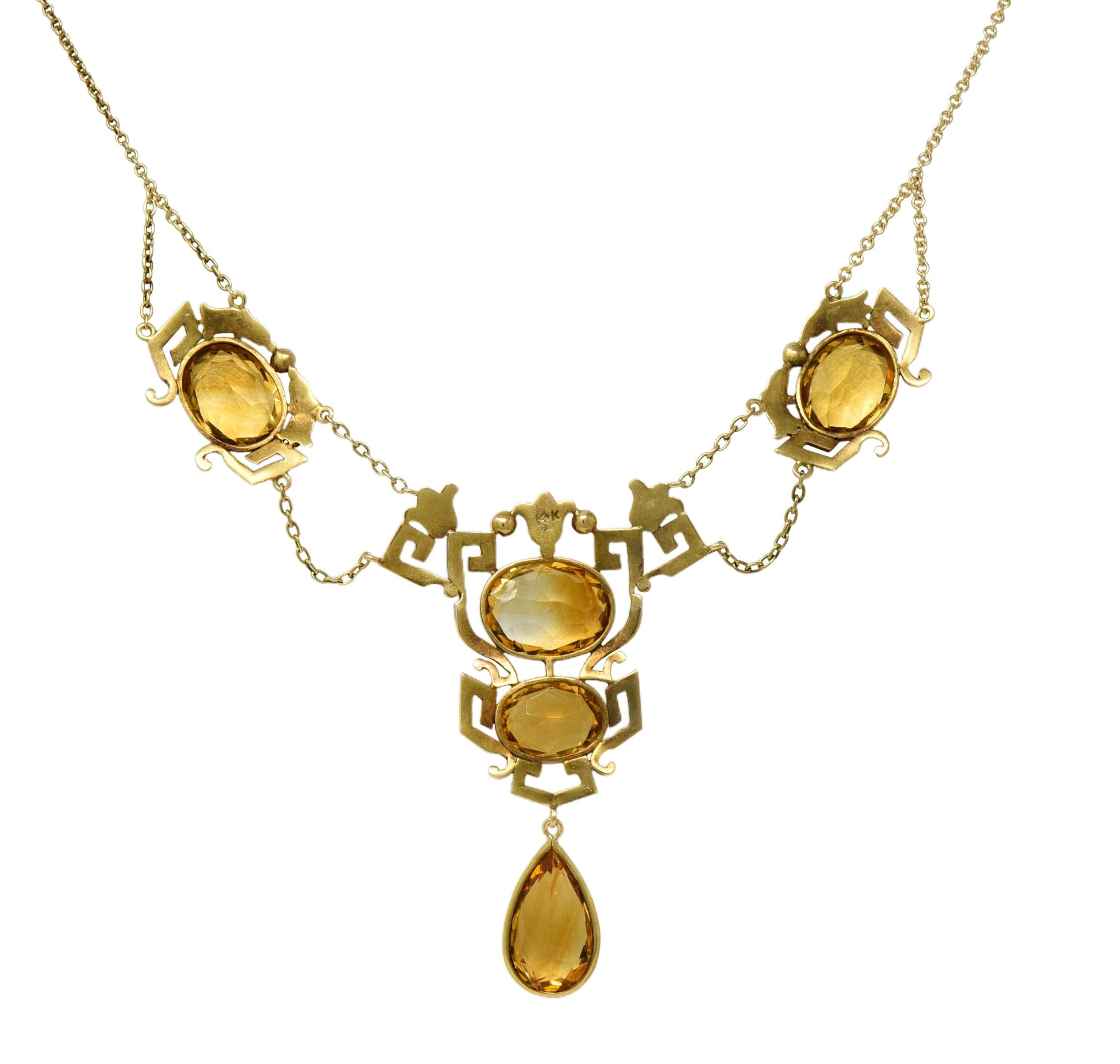 Victorian Citrine Pearl 14K Gold Vintage Greek Key Lotus Station Necklace