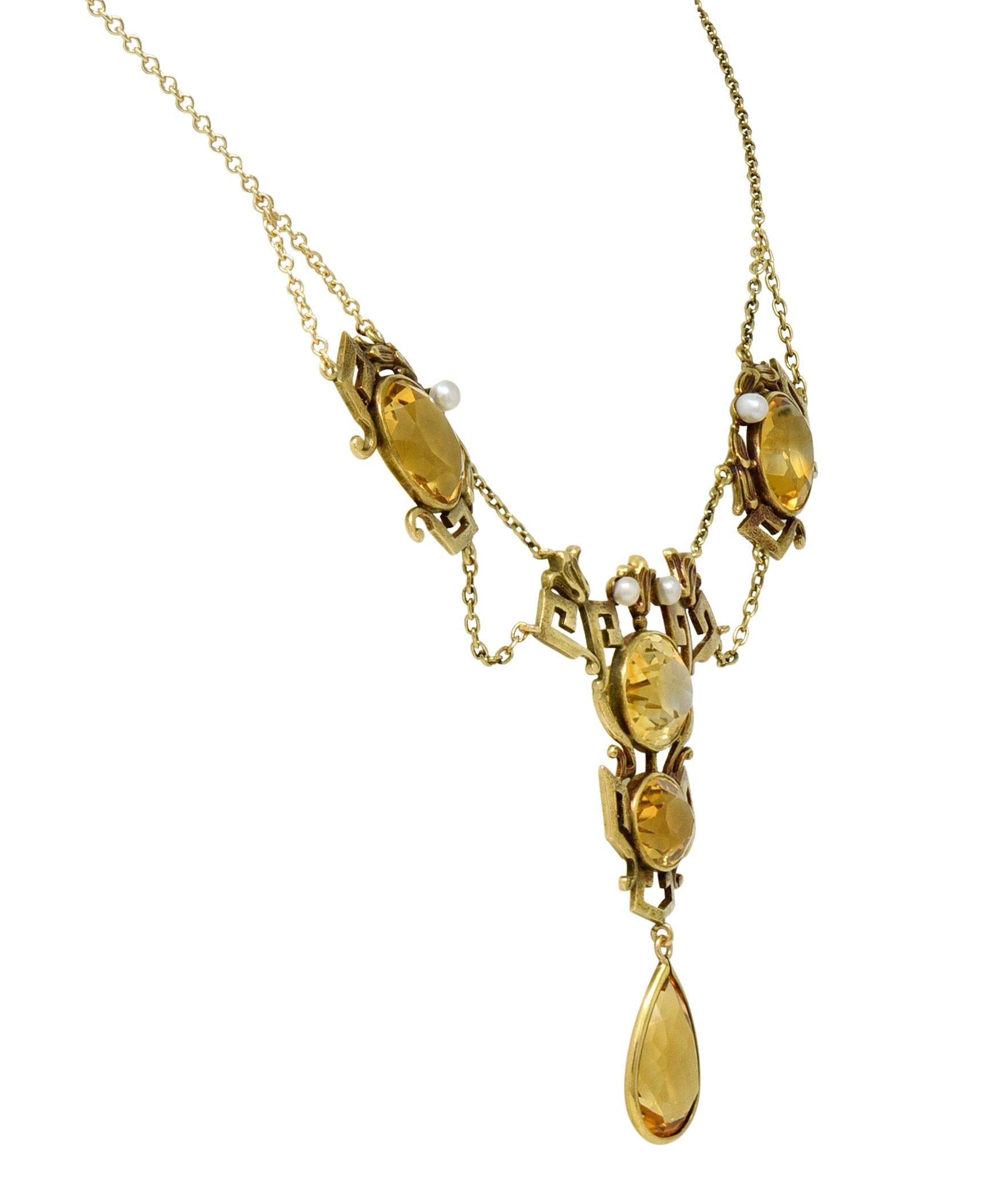 Victorian Citrine Pearl 14K Gold Vintage Greek Key Lotus Station Necklace