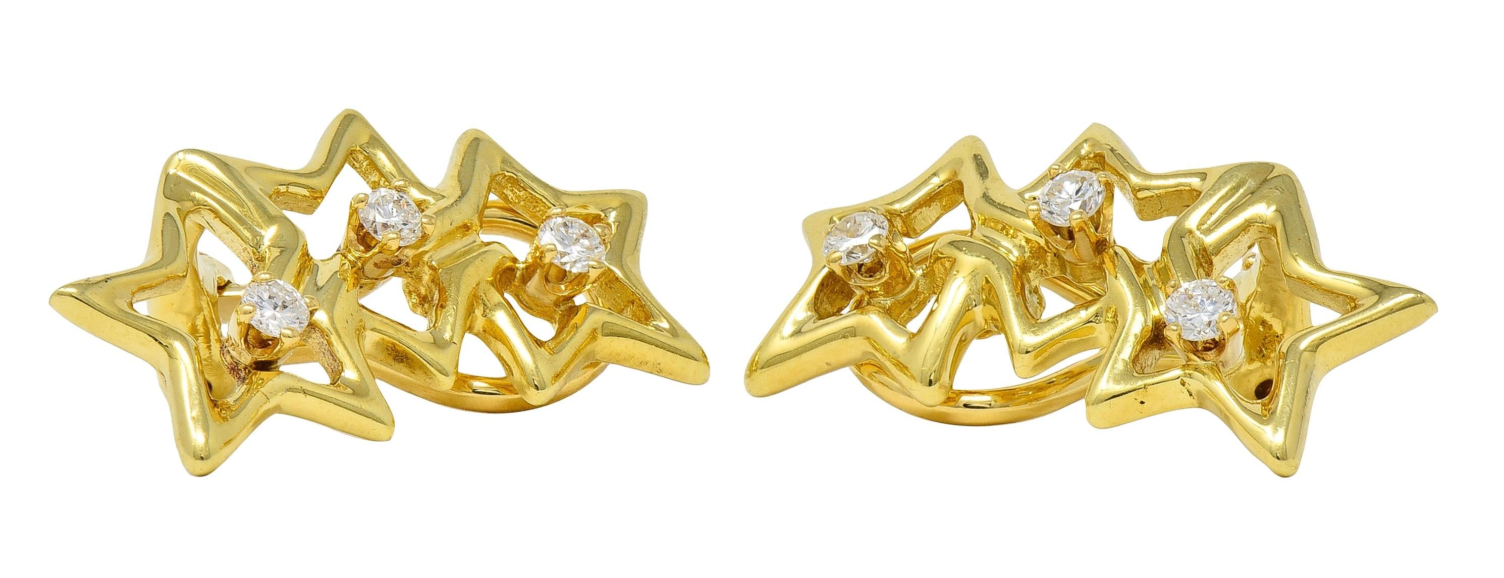 Tiffany & Co. 2010's Diamond 18 Karat Yellow Gold Triple Star Ear-Clip Earrings