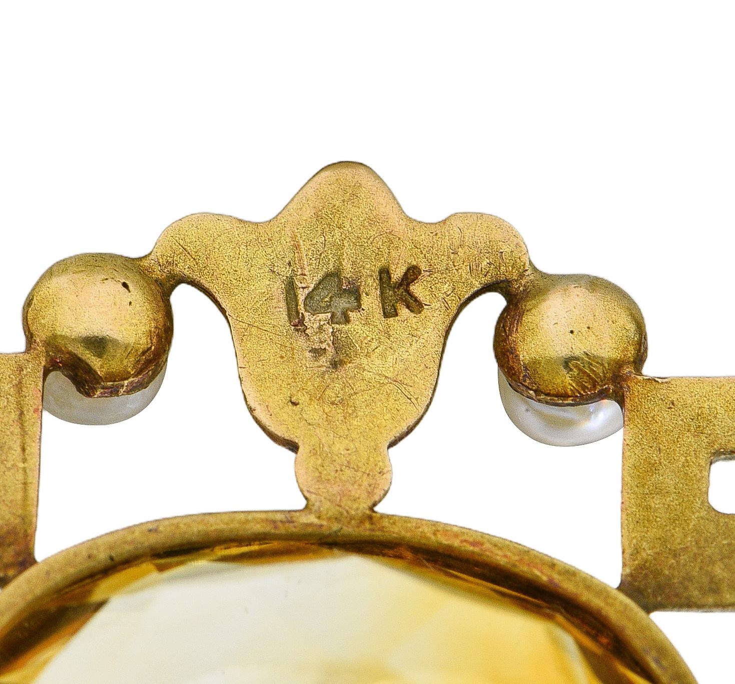 Victorian Citrine Pearl 14K Gold Vintage Greek Key Lotus Station Necklace