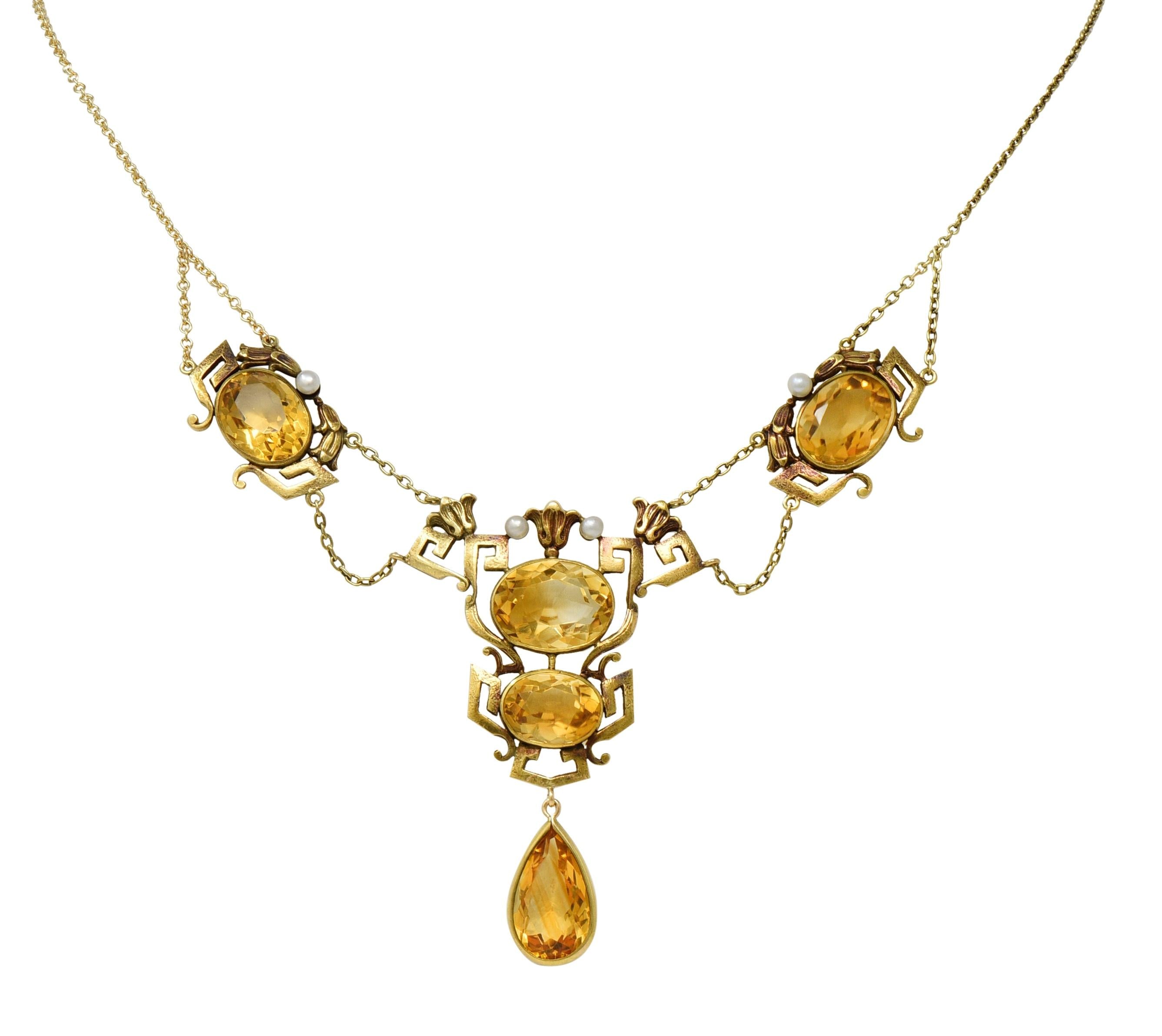 Victorian Citrine Pearl 14K Gold Vintage Greek Key Lotus Station Necklace