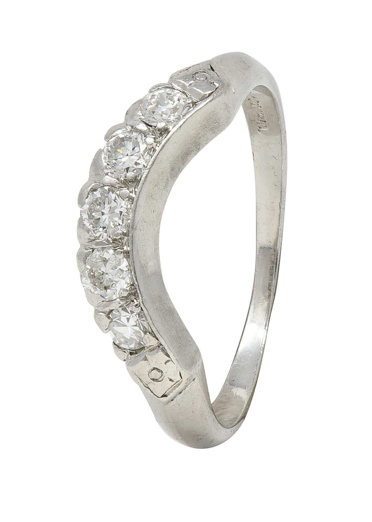 Mid-Century European Diamond Platinum Vintage Fishtail Contour Wedding Band Ring