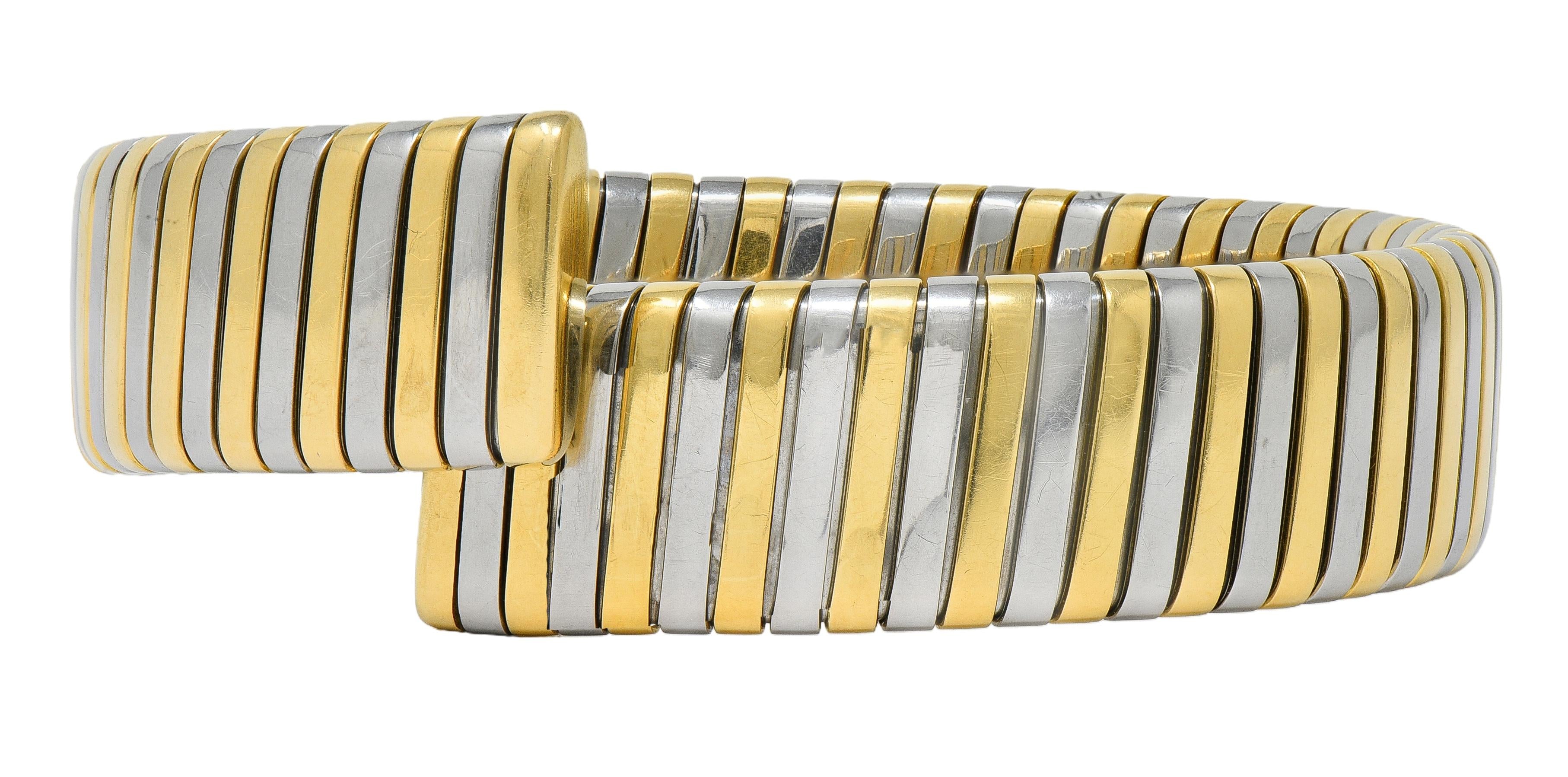 Bulgari 1990's 18K Yellow Gold Stainless Steel Tubogas Vintage Cuff Bracelet