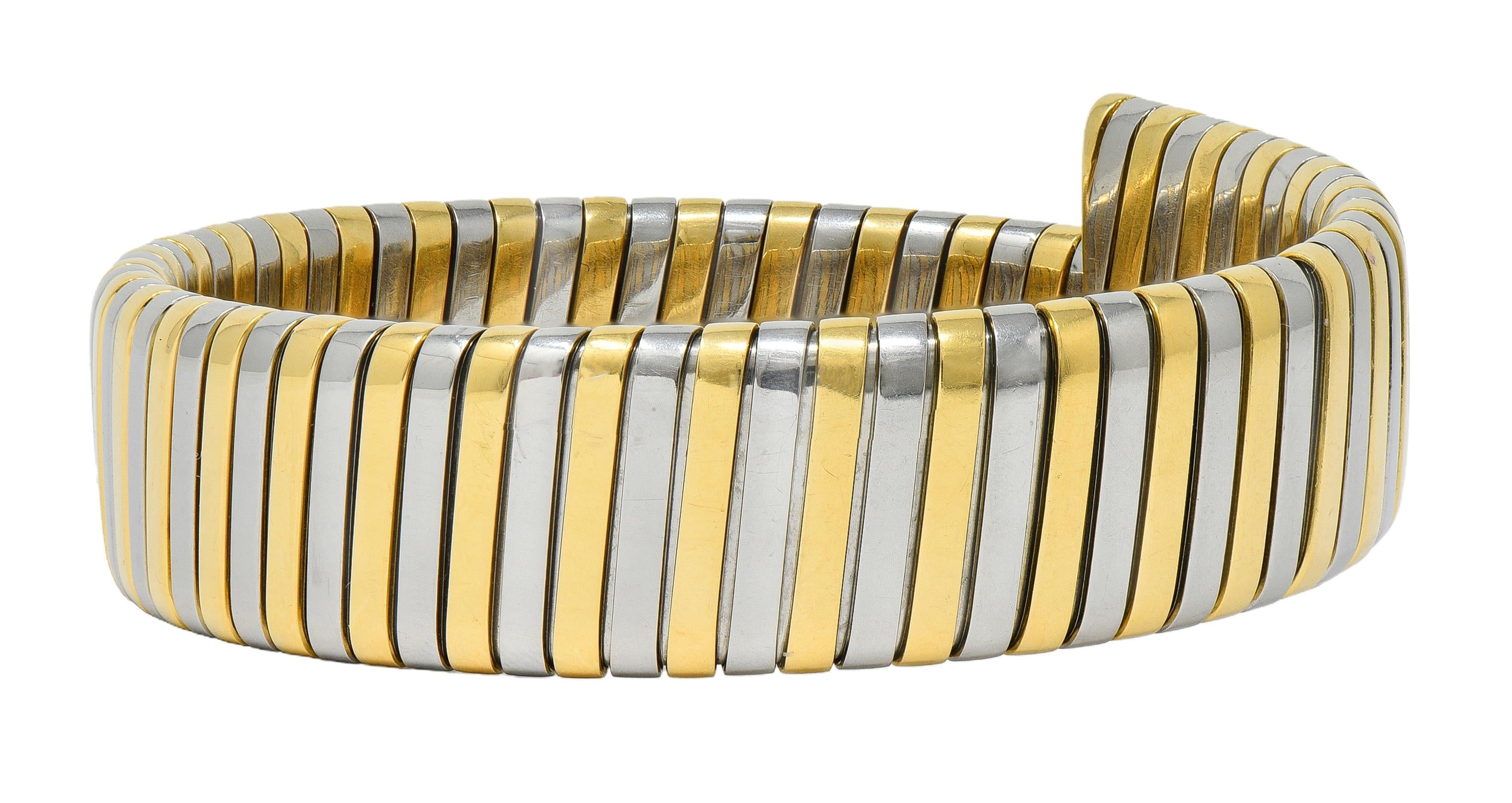 Bulgari 1990's 18K Yellow Gold Stainless Steel Tubogas Vintage Cuff Bracelet