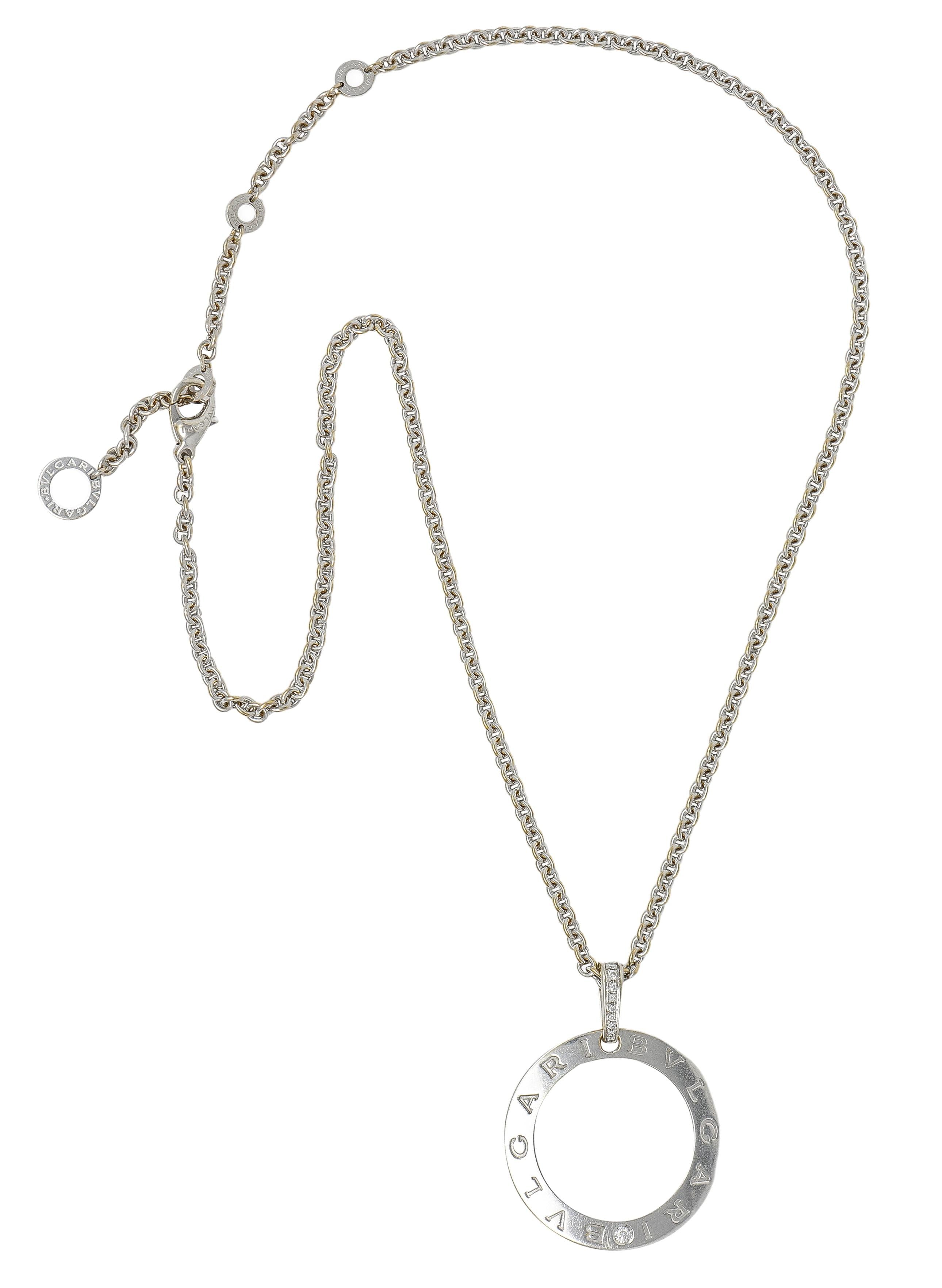 Bulgari 2010's Diamond 18 Karat White Gold Logo Disk Pendant Necklace
