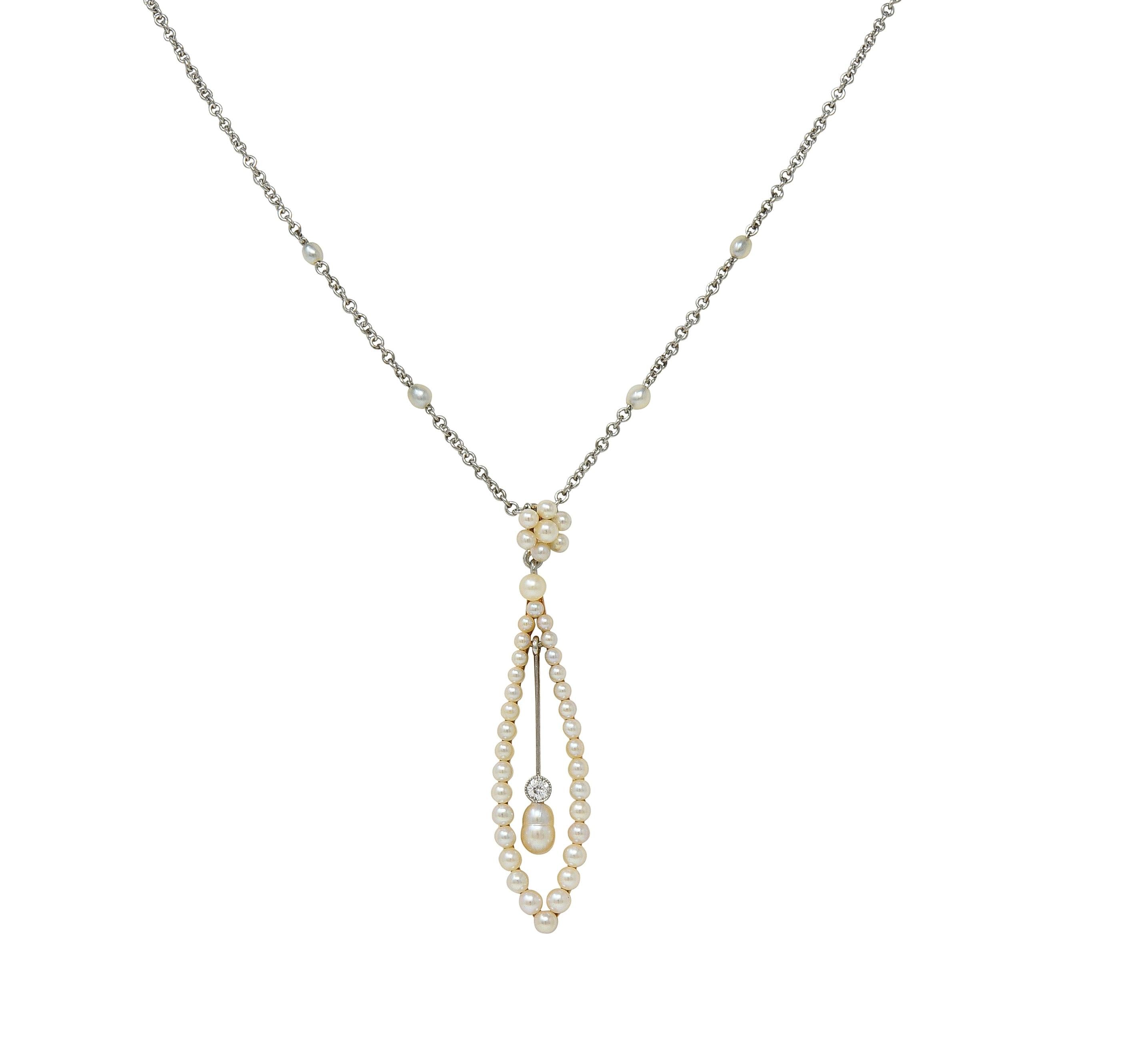 Edwardian Diamond Pearl Platinum 14 Karat Yellow Gold Antique Pendant Necklace