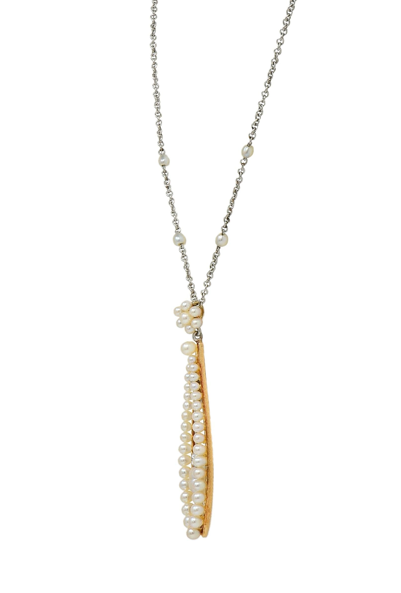 Edwardian Diamond Pearl Platinum 14 Karat Yellow Gold Antique Pendant Necklace