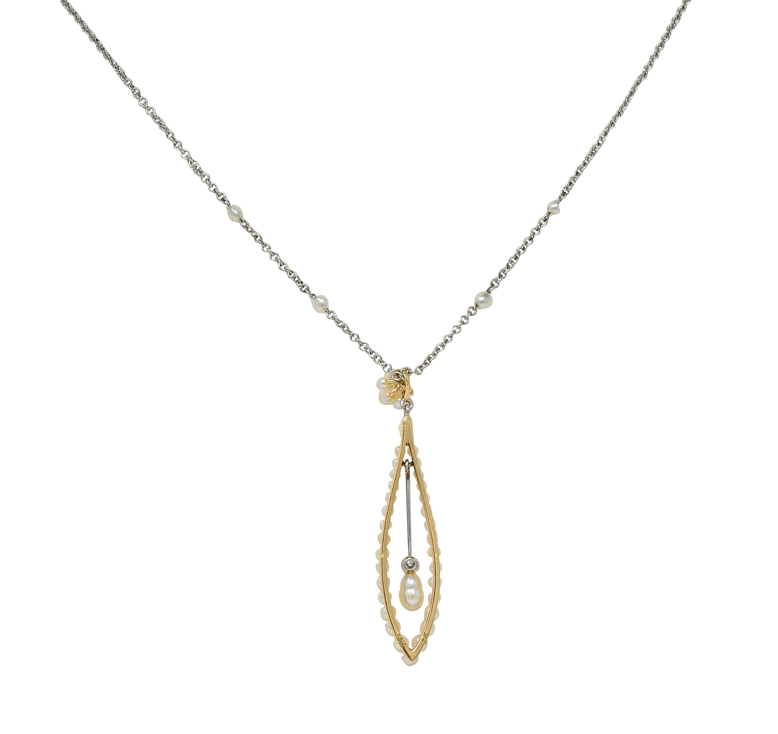 Edwardian Diamond Pearl Platinum 14 Karat Yellow Gold Antique Pendant Necklace