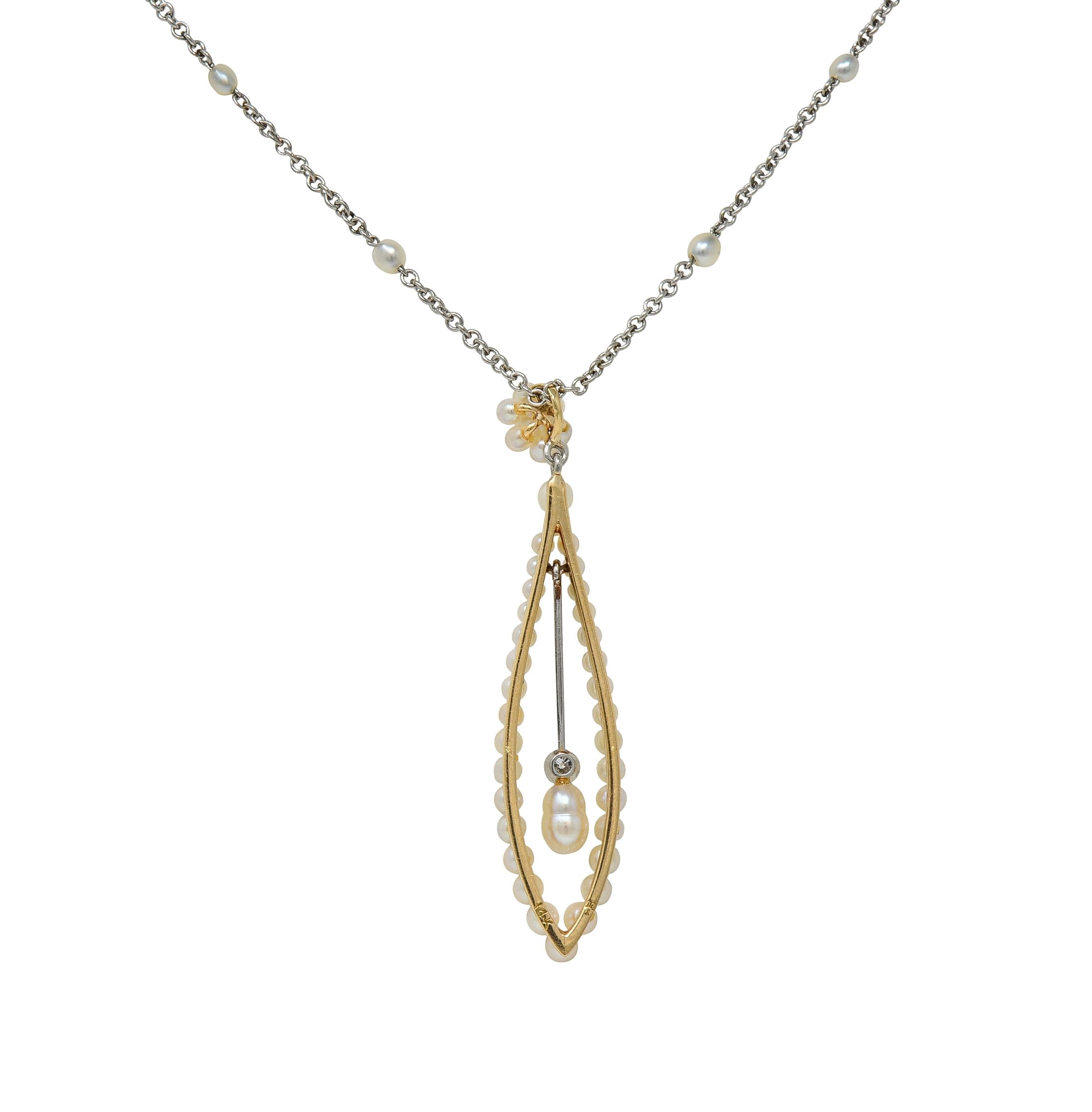 Edwardian Diamond Pearl Platinum 14 Karat Yellow Gold Antique Pendant Necklace
