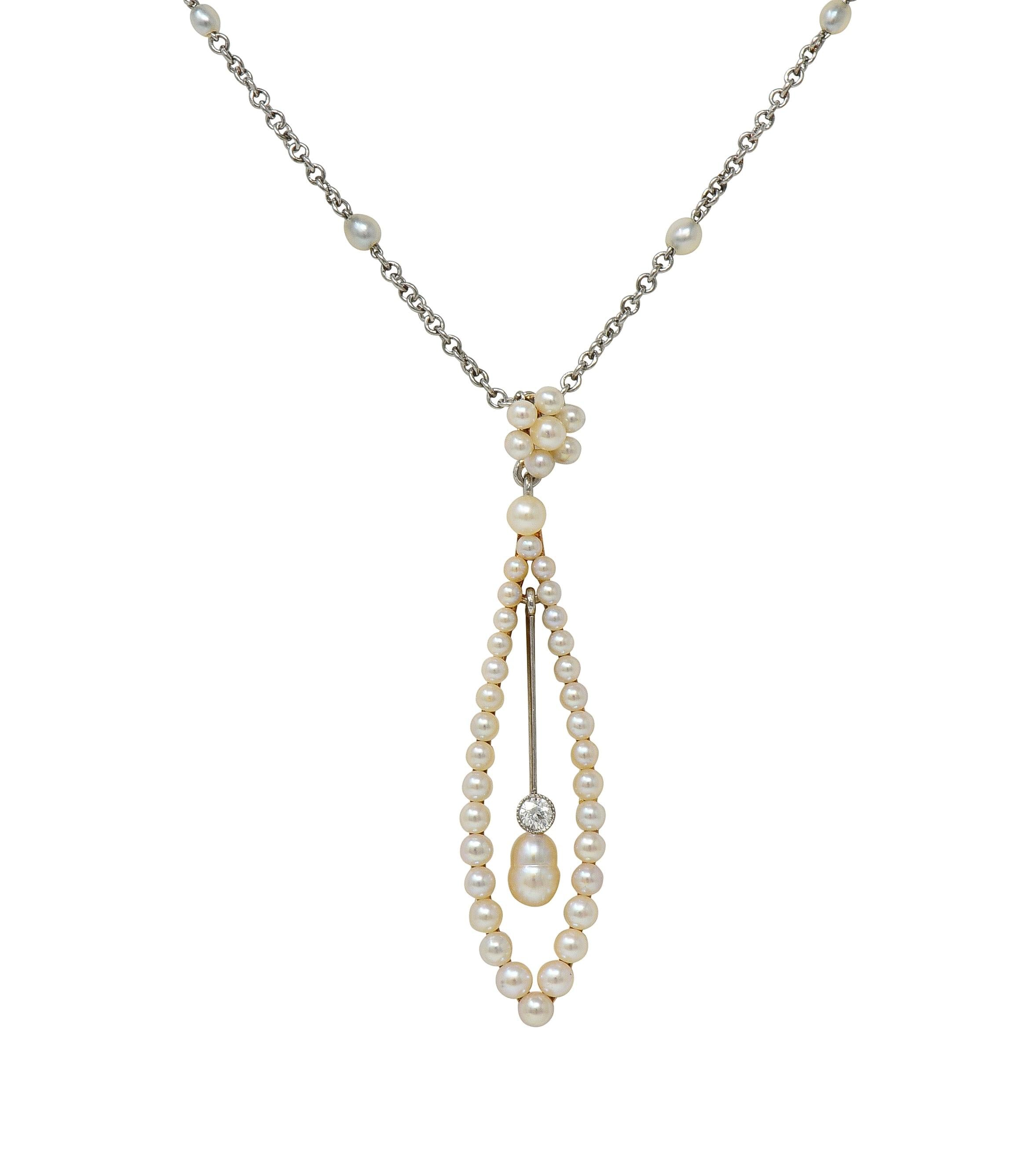 Edwardian Diamond Pearl Platinum 14 Karat Yellow Gold Antique Pendant Necklace