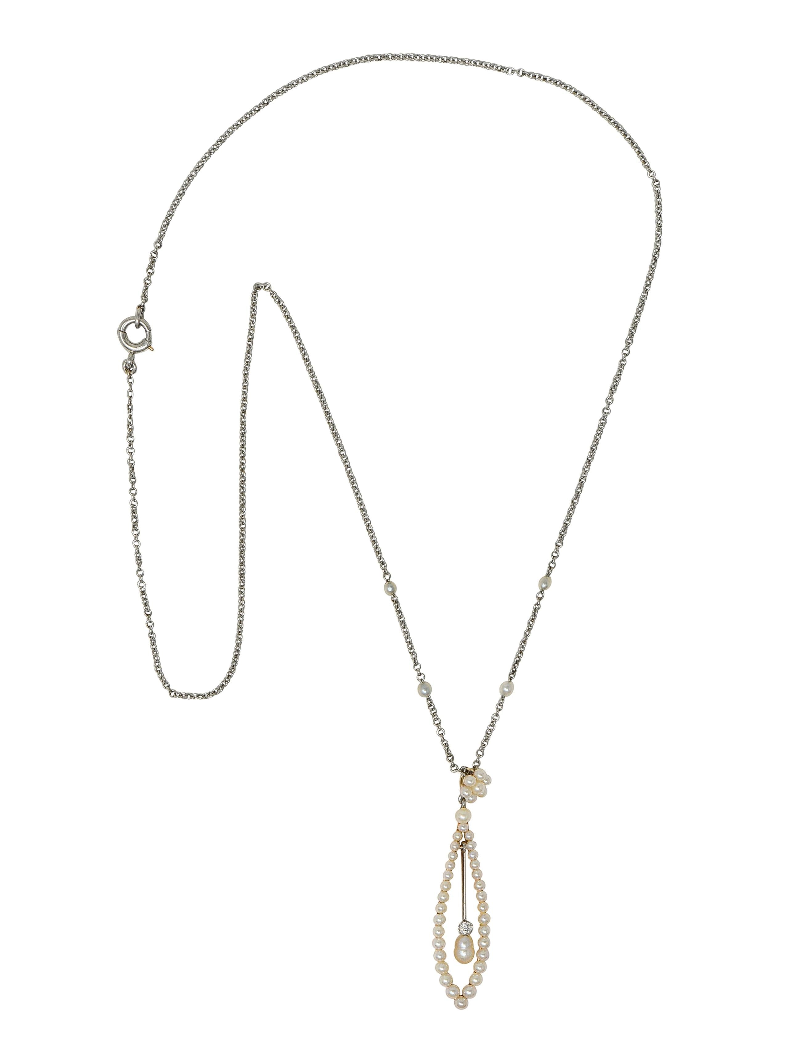 Edwardian Diamond Pearl Platinum 14 Karat Yellow Gold Antique Pendant Necklace
