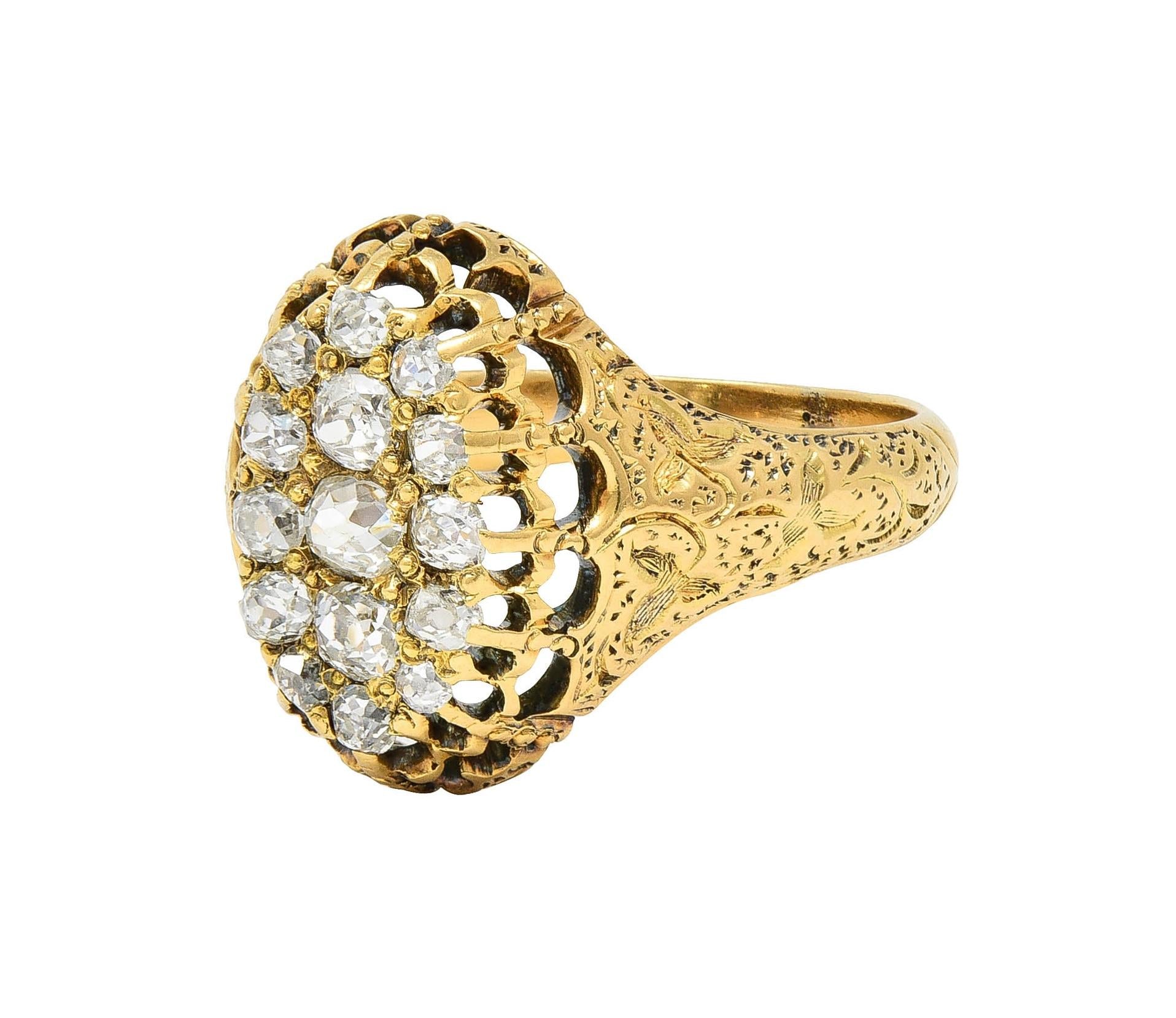 Victorian 0.66 CTW Old Mine Diamond 18 Karat Gold Foliate Antique Cluster Ring