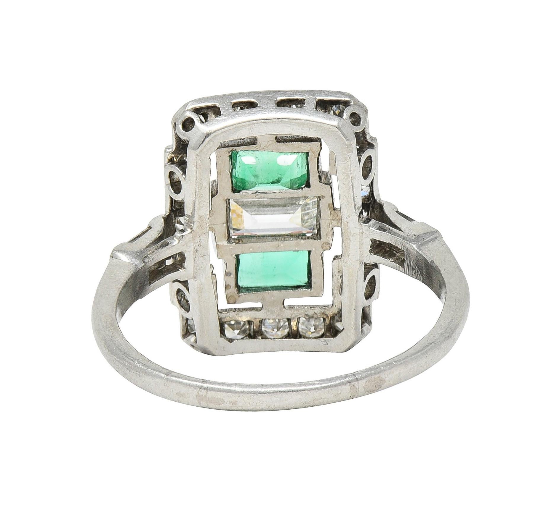 Art Deco 1.50 CTW Emerald Diamond Platinum Vintage Cluster Dinner Ring