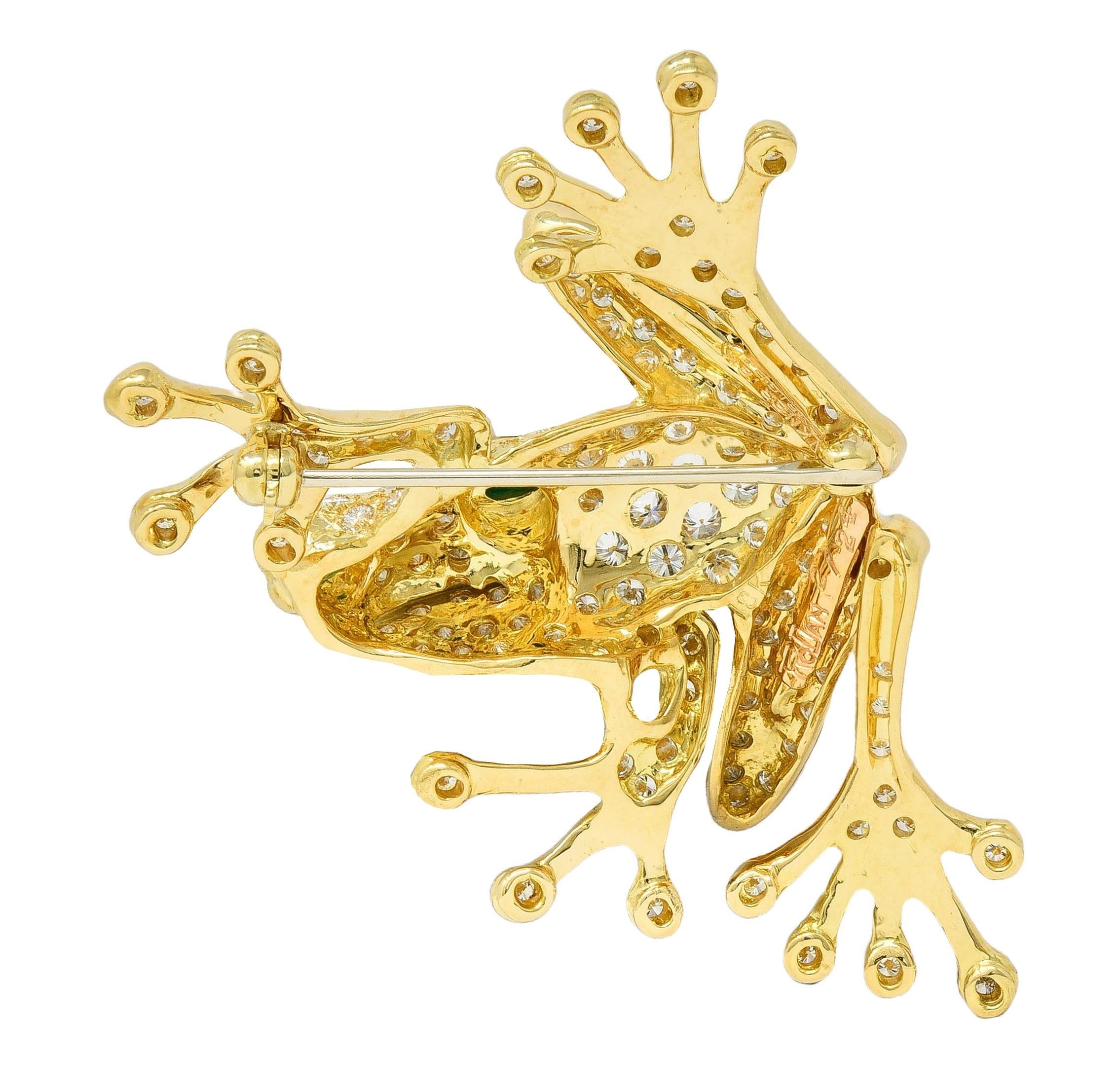 Danker 1980's 3.80 CTW Diamond Emerald 18 Karat Gold Vintage Frog Brooch