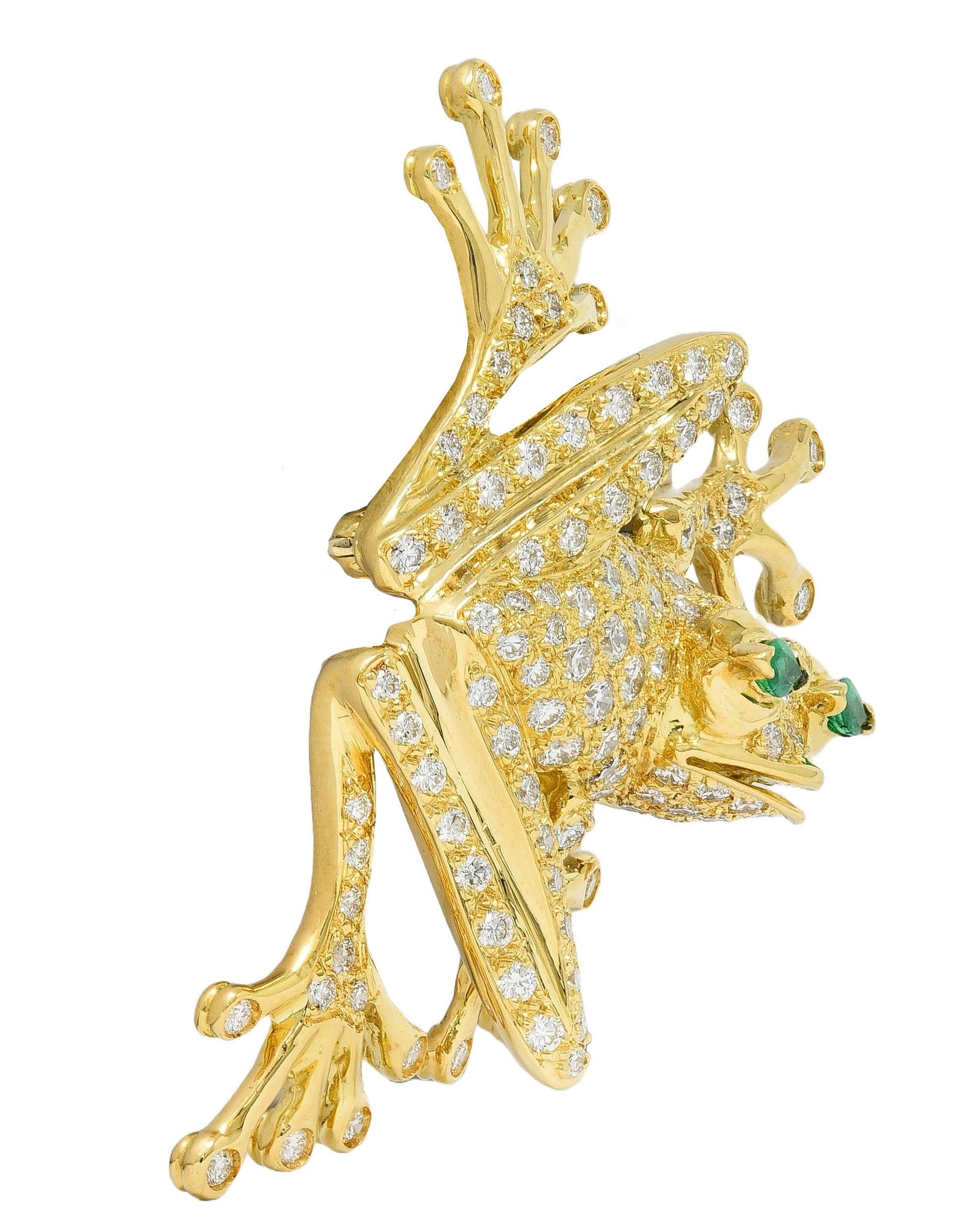 Danker 1980's 3.80 CTW Diamond Emerald 18 Karat Gold Vintage Frog Brooch