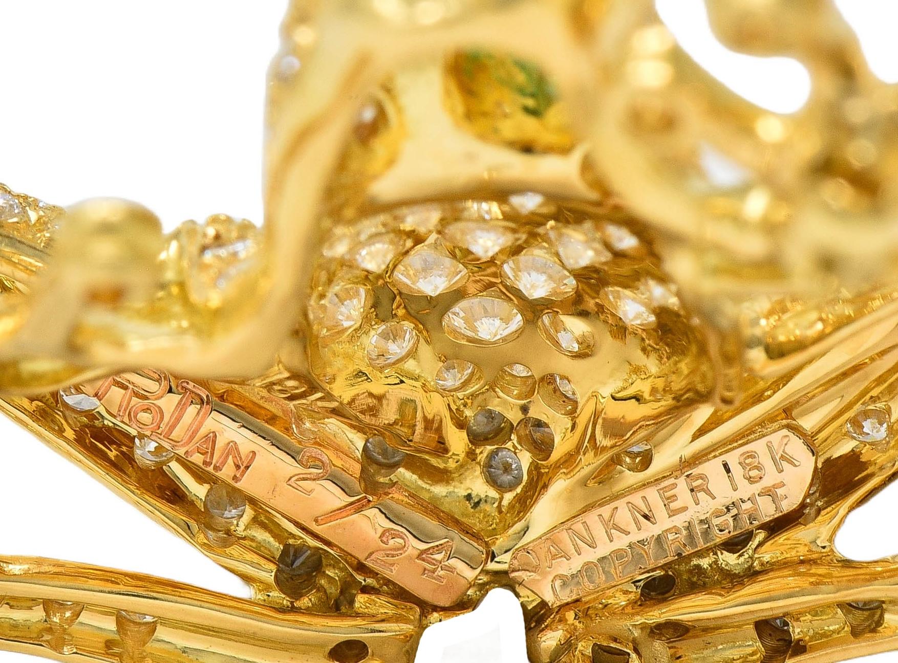 Danker 1980's 3.80 CTW Diamond Emerald 18 Karat Gold Vintage Frog Brooch