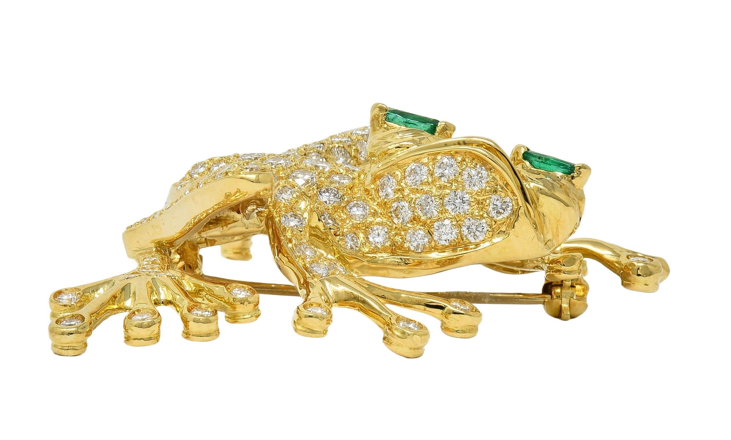 Danker 1980's 3.80 CTW Diamond Emerald 18 Karat Gold Vintage Frog Brooch
