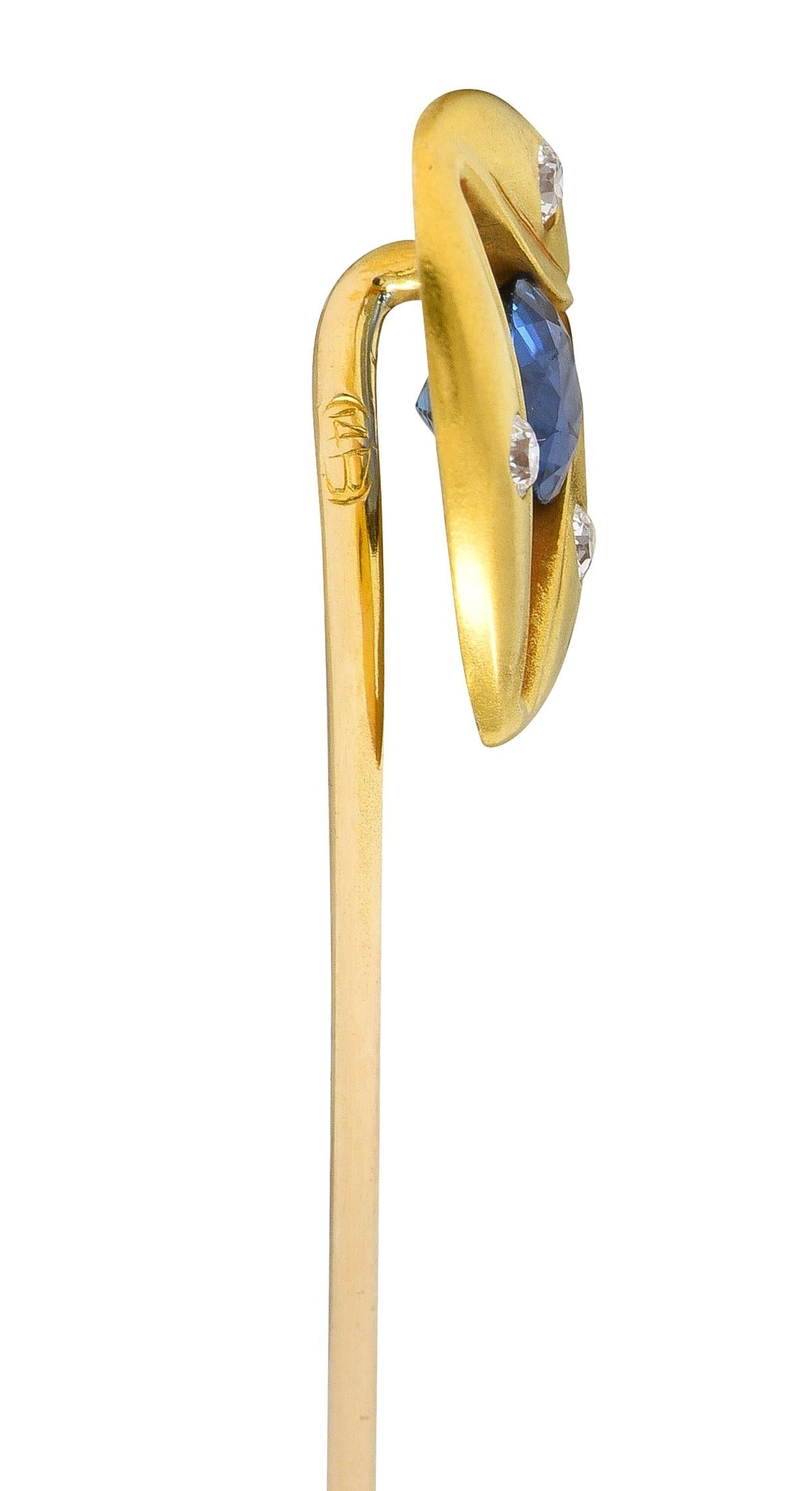 Edwardian Brassler Sapphire Diamond 14k Yellow Gold Antique Triangle Stickpin