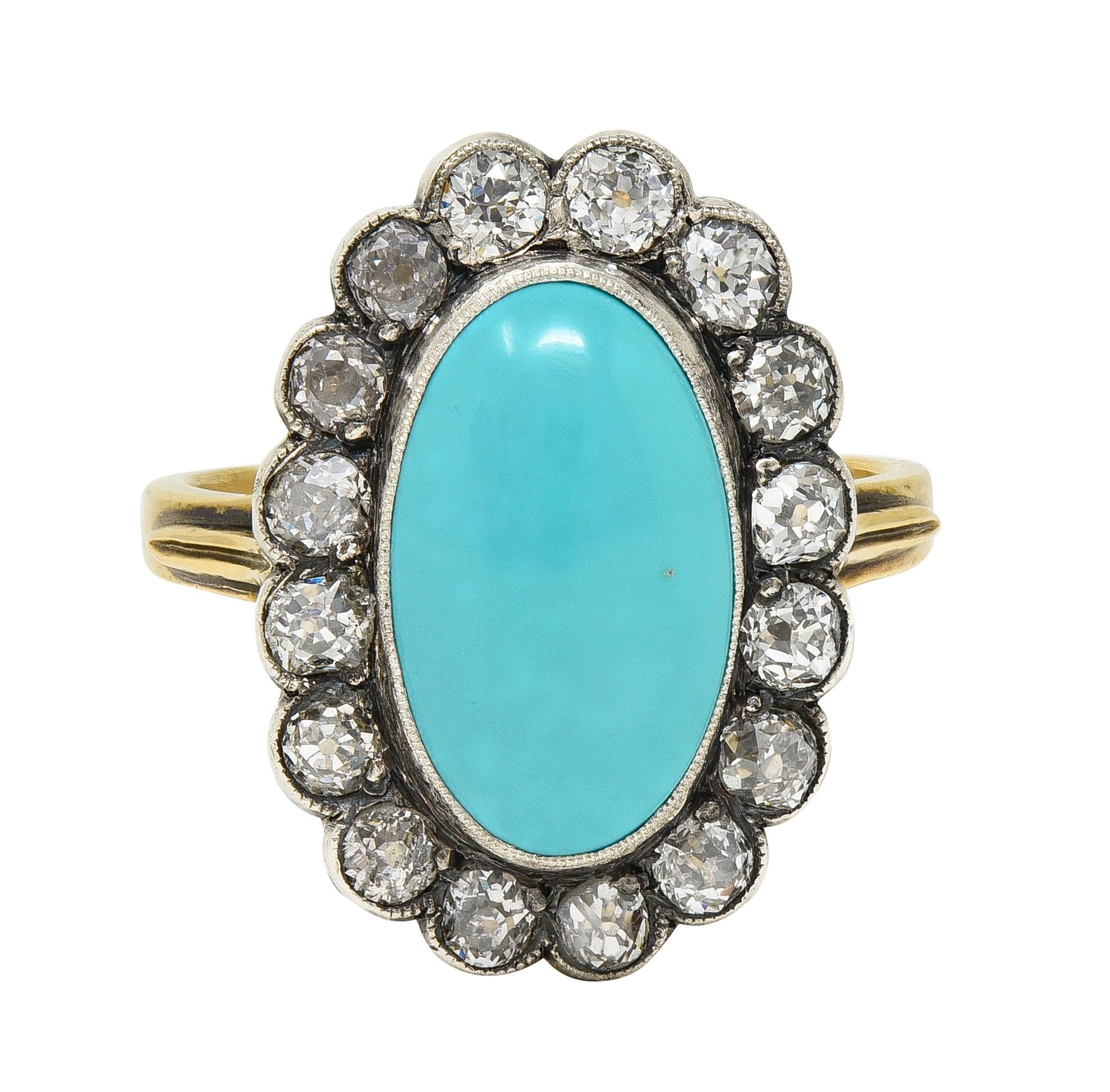 Early Victorian Diamond Turquoise Silver 14 Karat Yellow Gold Antique Halo Ring