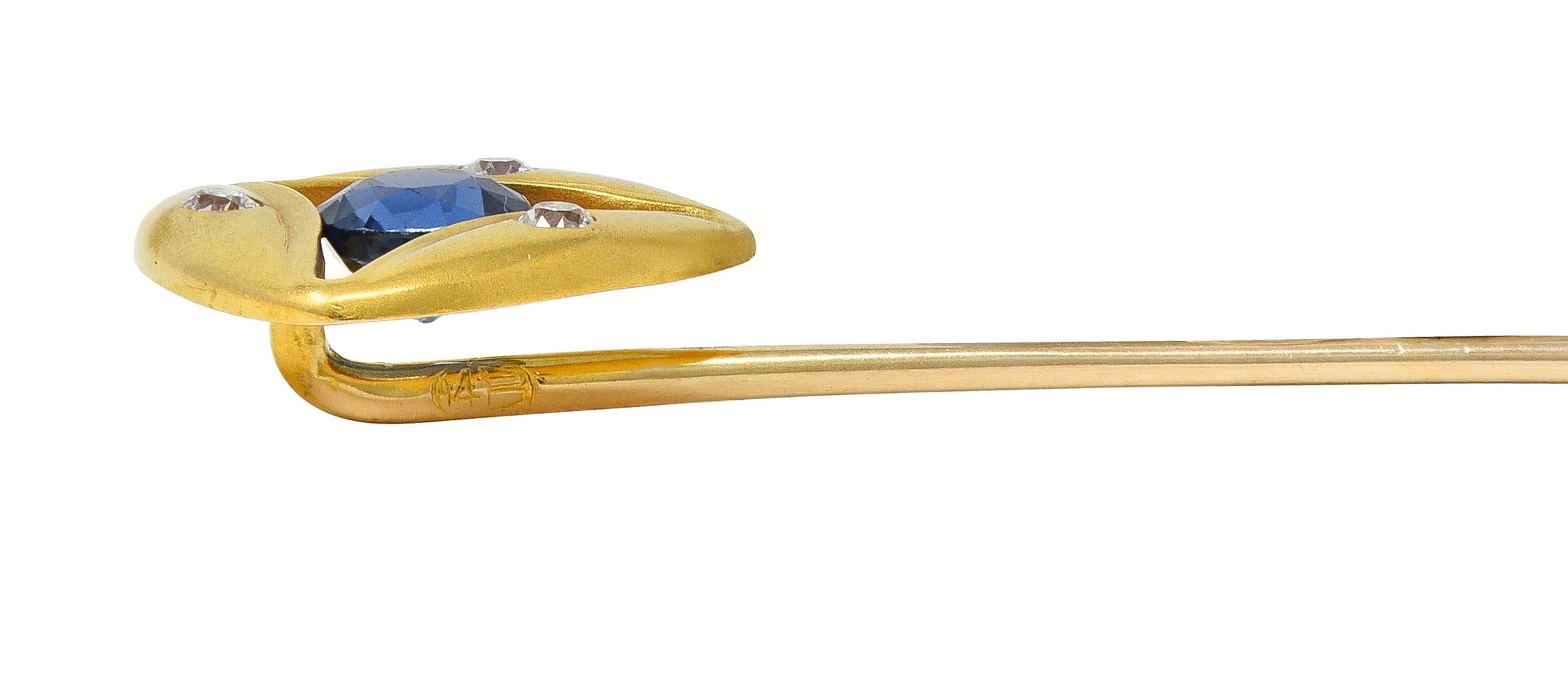 Edwardian Brassler Sapphire Diamond 14k Yellow Gold Antique Triangle Stickpin